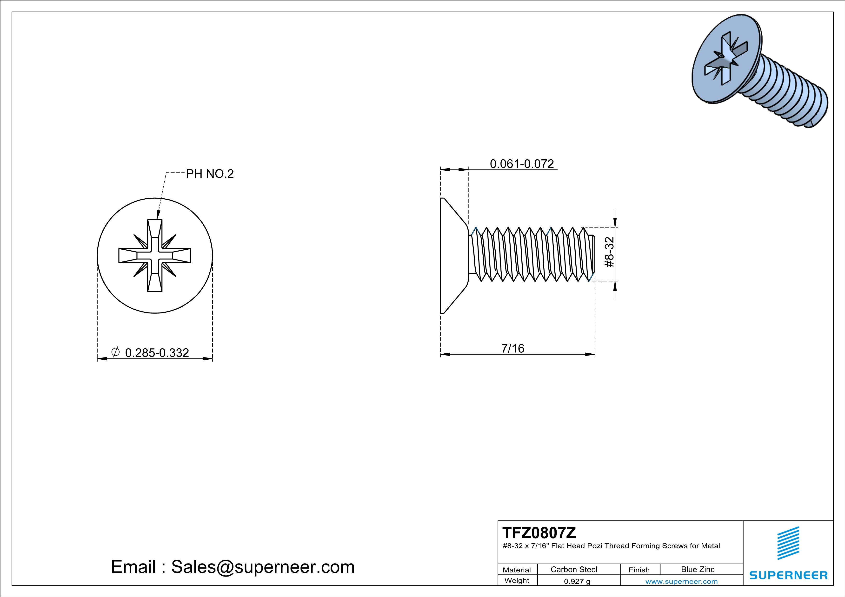 8-32 × 7/16 Flat Head Pozi Thread Forming  Screws for Metal  Steel Blue Zinc Plated