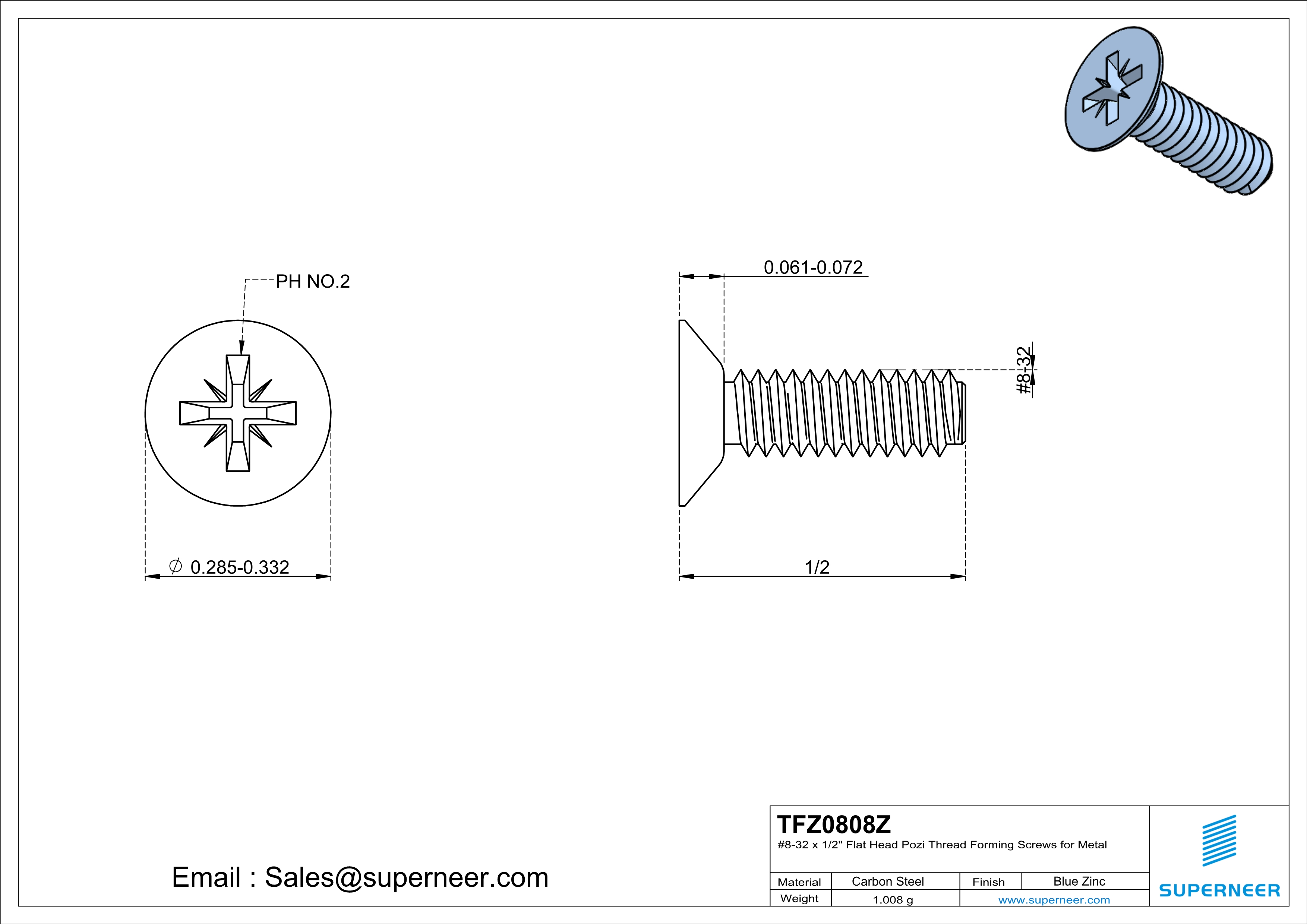 8-32 × 1/2 Flat Head Pozi Thread Forming  Screws for Metal  Steel Blue Zinc Plated