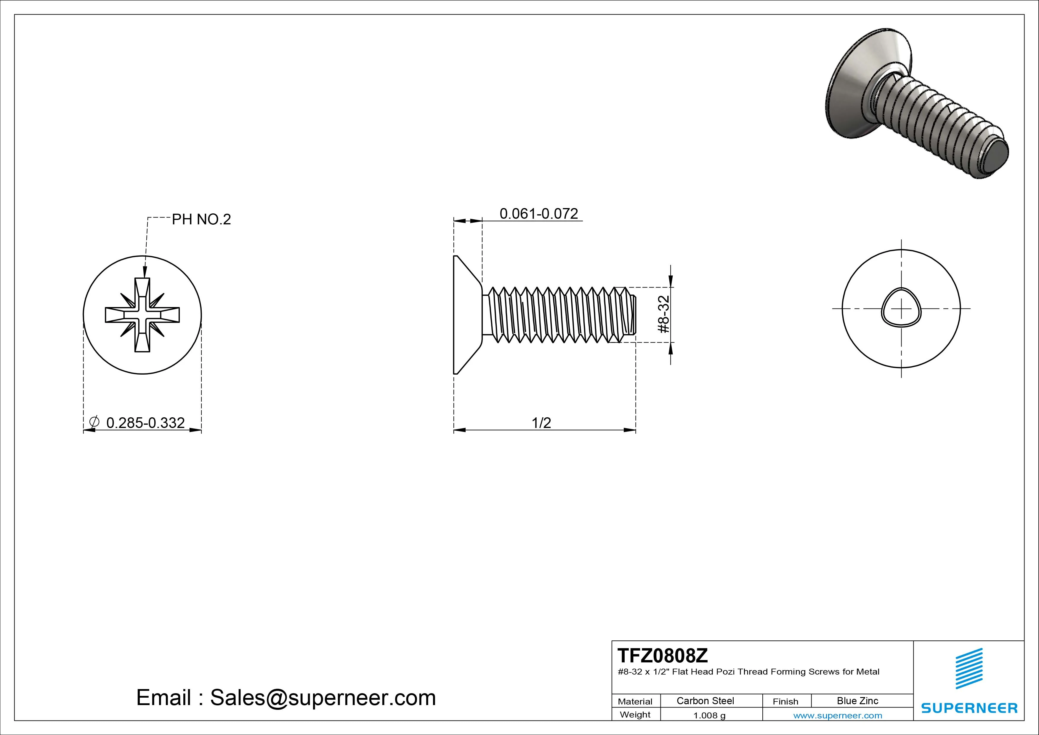 8-32 × 1/2 Flat Head Pozi Thread Forming  Screws for Metal  Steel Blue Zinc Plated