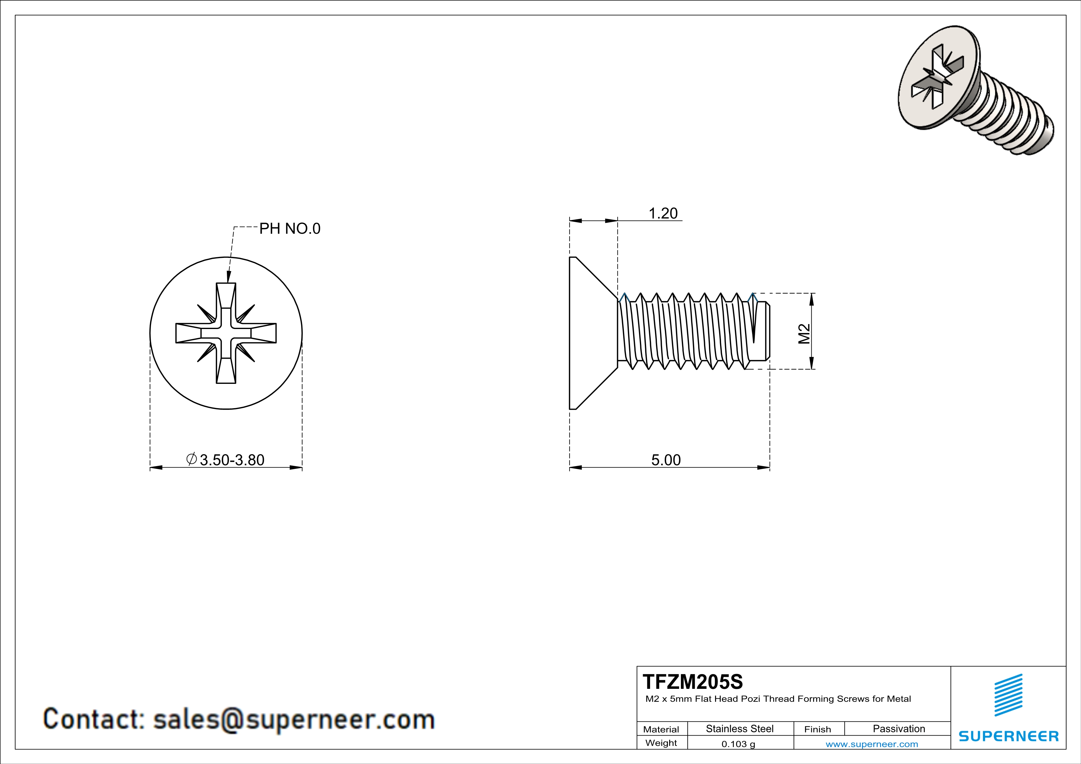 M2 × 5mm Flat Head PoziThread Forming Screws for Metal SUS304 Stainless Steel Inox