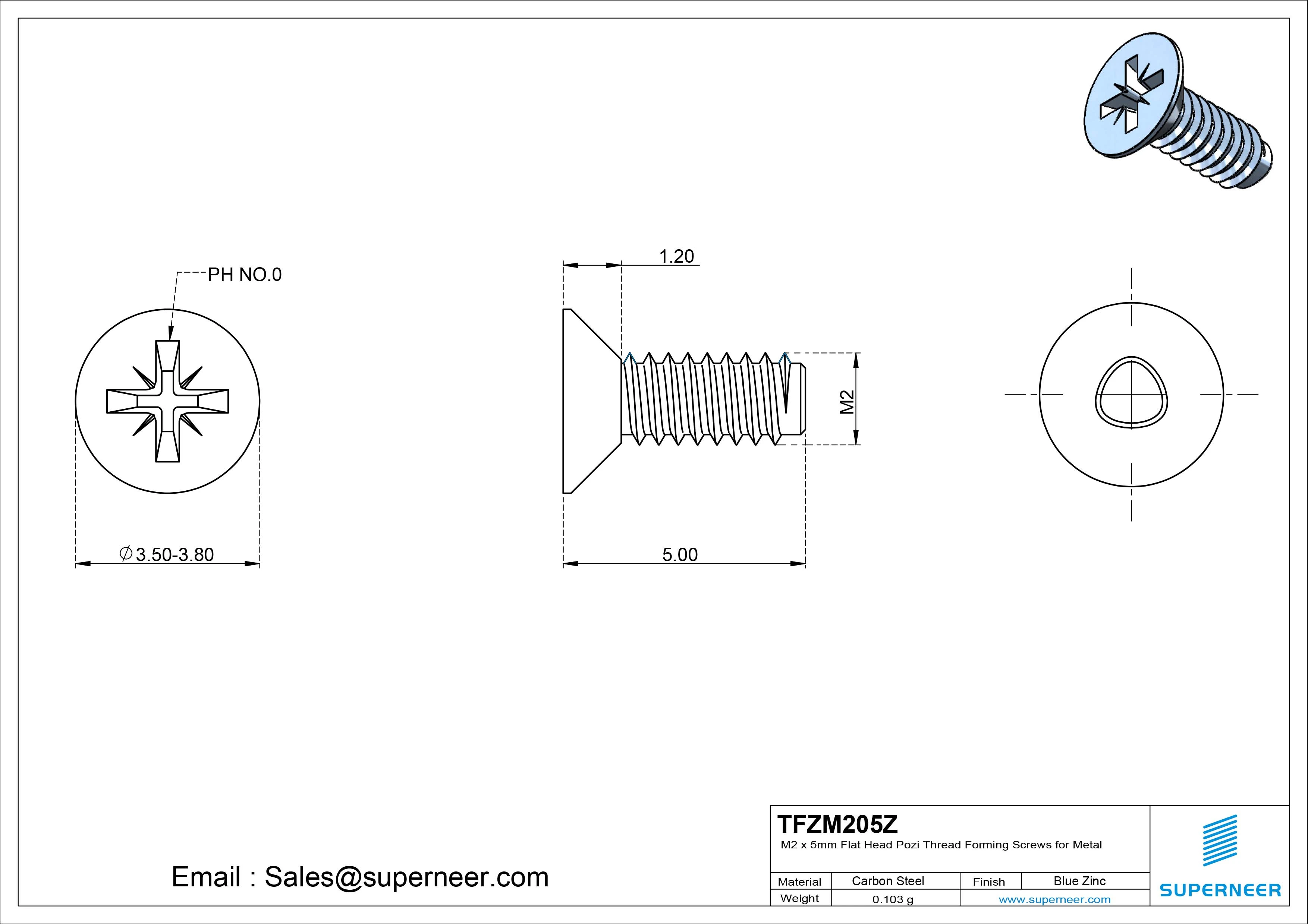 M2 × 5mm Flat Head PoziThread Forming Screws for Metal Steel Blue Zinc Plated