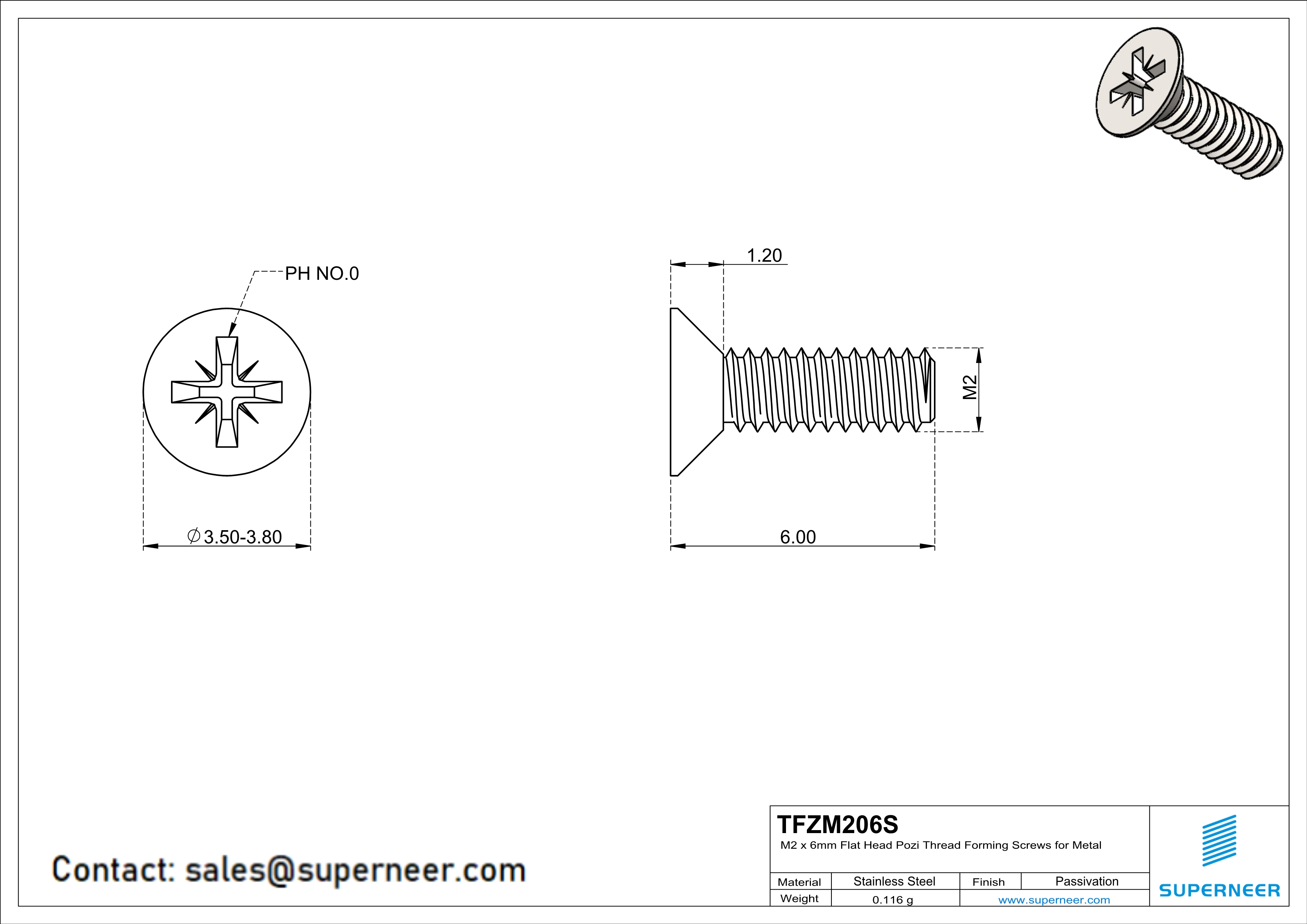 M2 × 6mm Flat Head Pozi Thread Forming Screws for Metal SUS304 Stainless Steel Inox