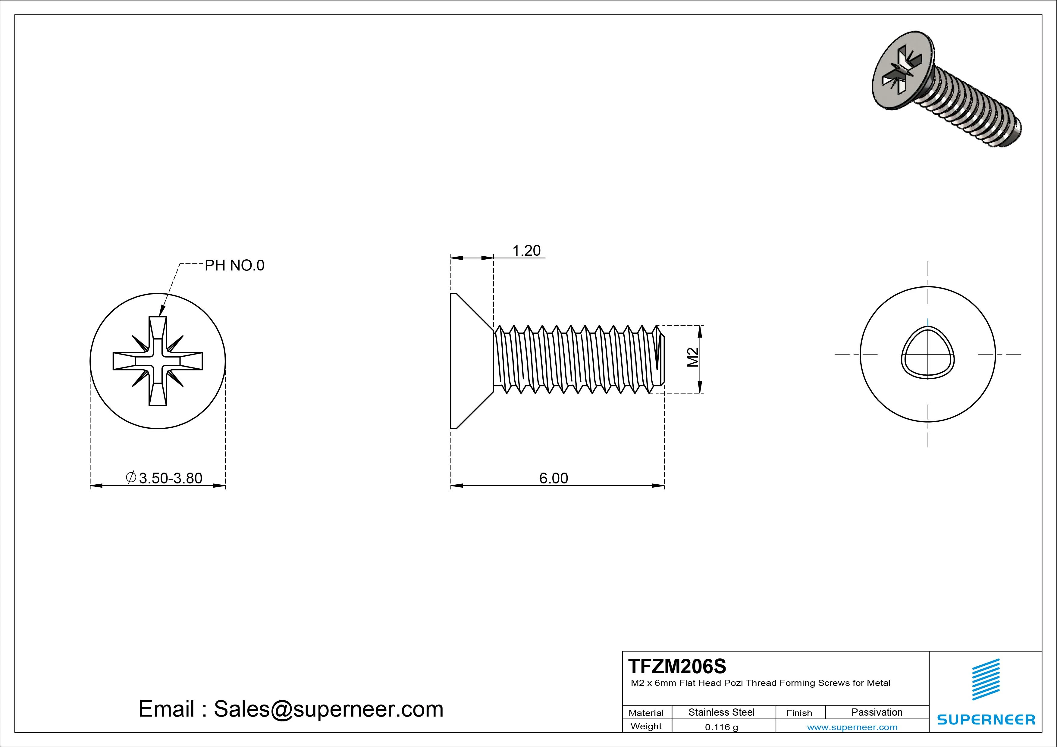 M2 × 6mm Flat Head Pozi Thread Forming Screws for Metal SUS304 Stainless Steel Inox