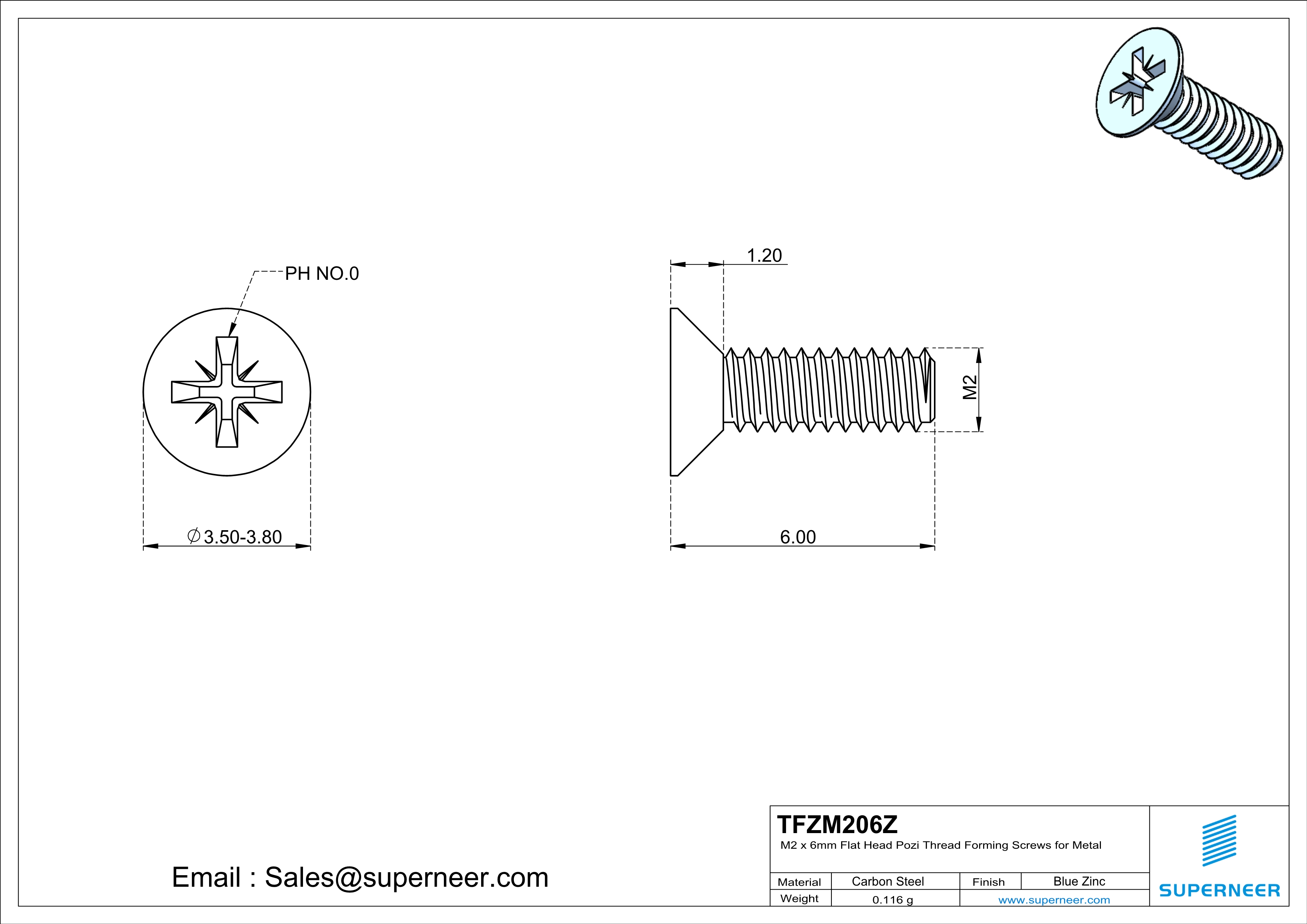 M2 × 6mm Flat Head Pozi Thread Forming Screws for Metal Steel Blue Zinc Plated