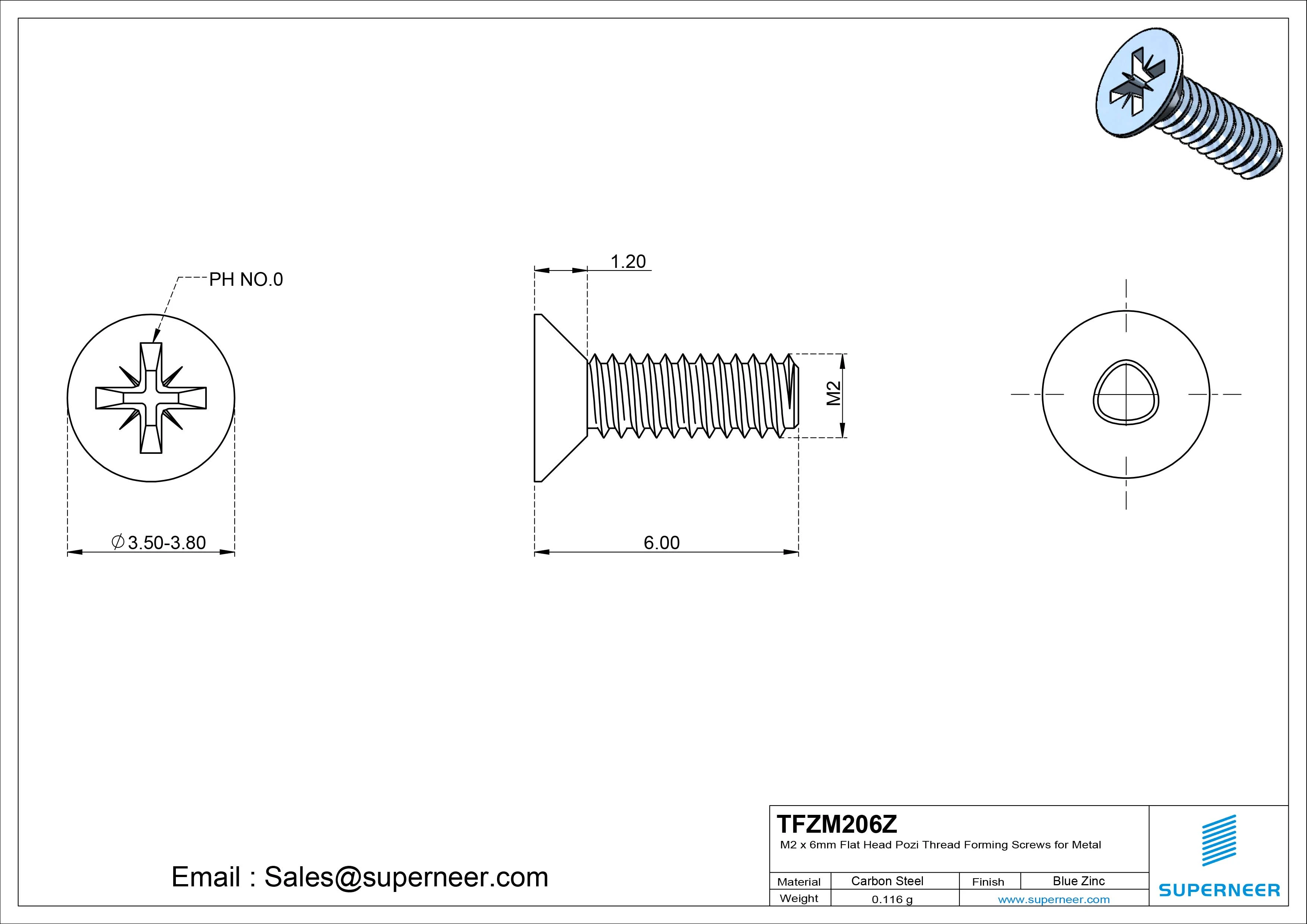 M2 × 6mm Flat Head Pozi Thread Forming Screws for Metal Steel Blue Zinc Plated