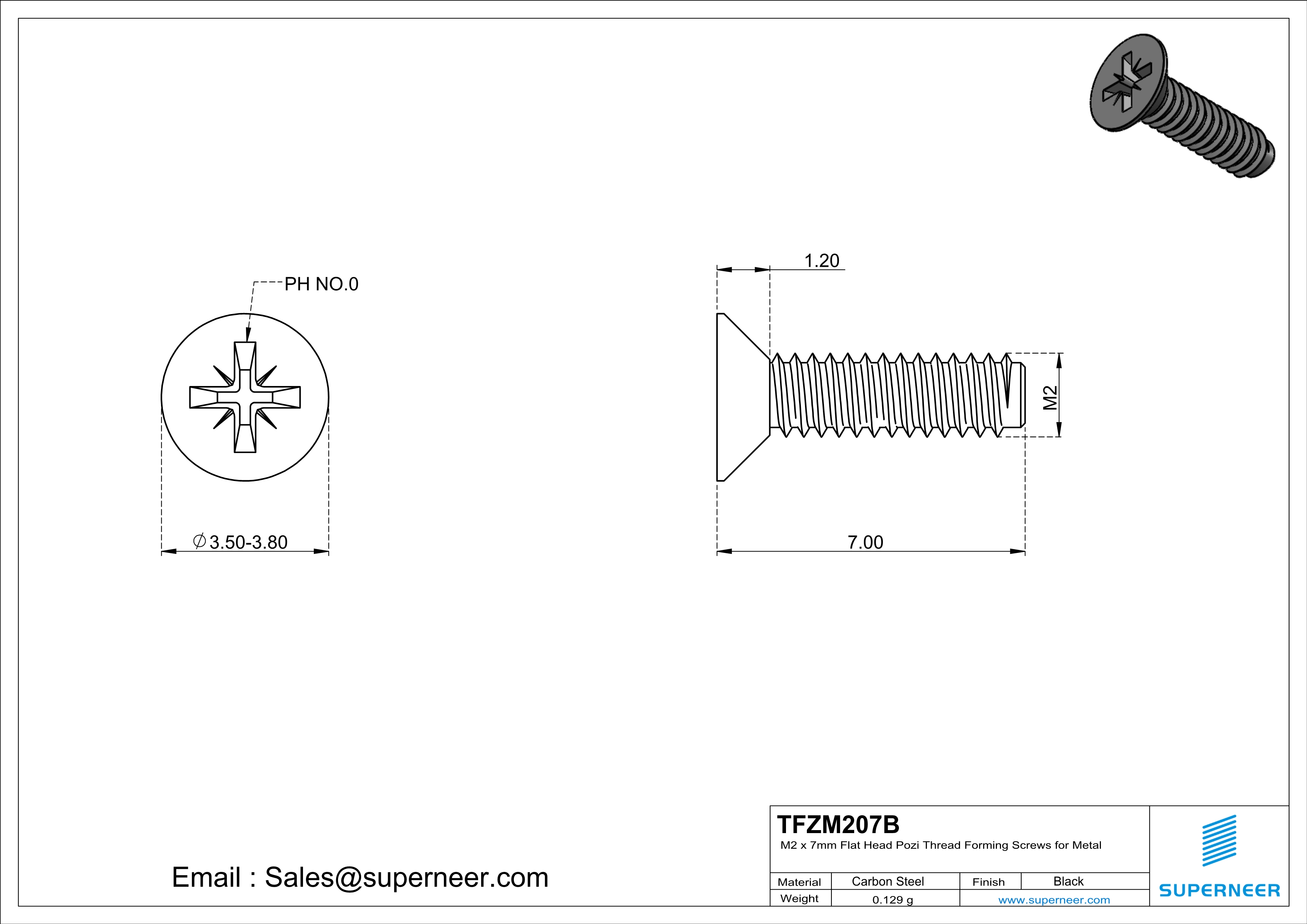 M2 × 7mm Flat Head Pozi Thread Forming Screws for Metal Steel Black