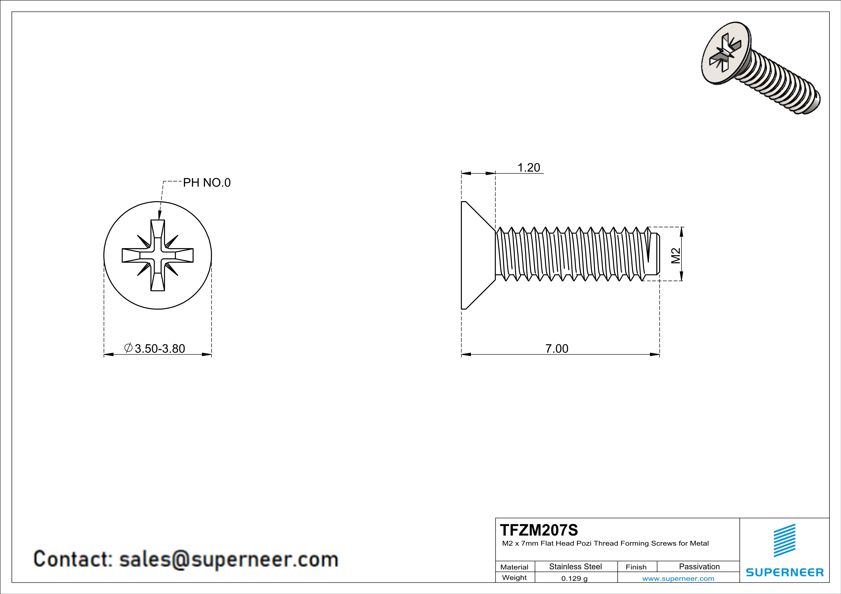 M2 × 7mm Flat Head Pozi Thread Forming Screws for Metal SUS304 Stainless Steel Inox