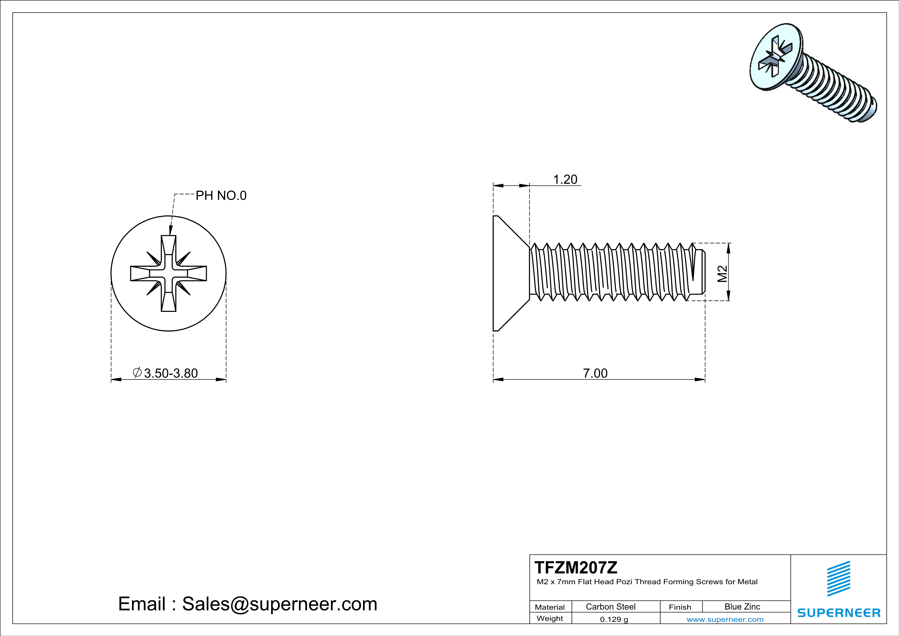 M2 × 7mm Flat Head Pozi Thread Forming Screws for Metal Steel Blue Zinc Plated