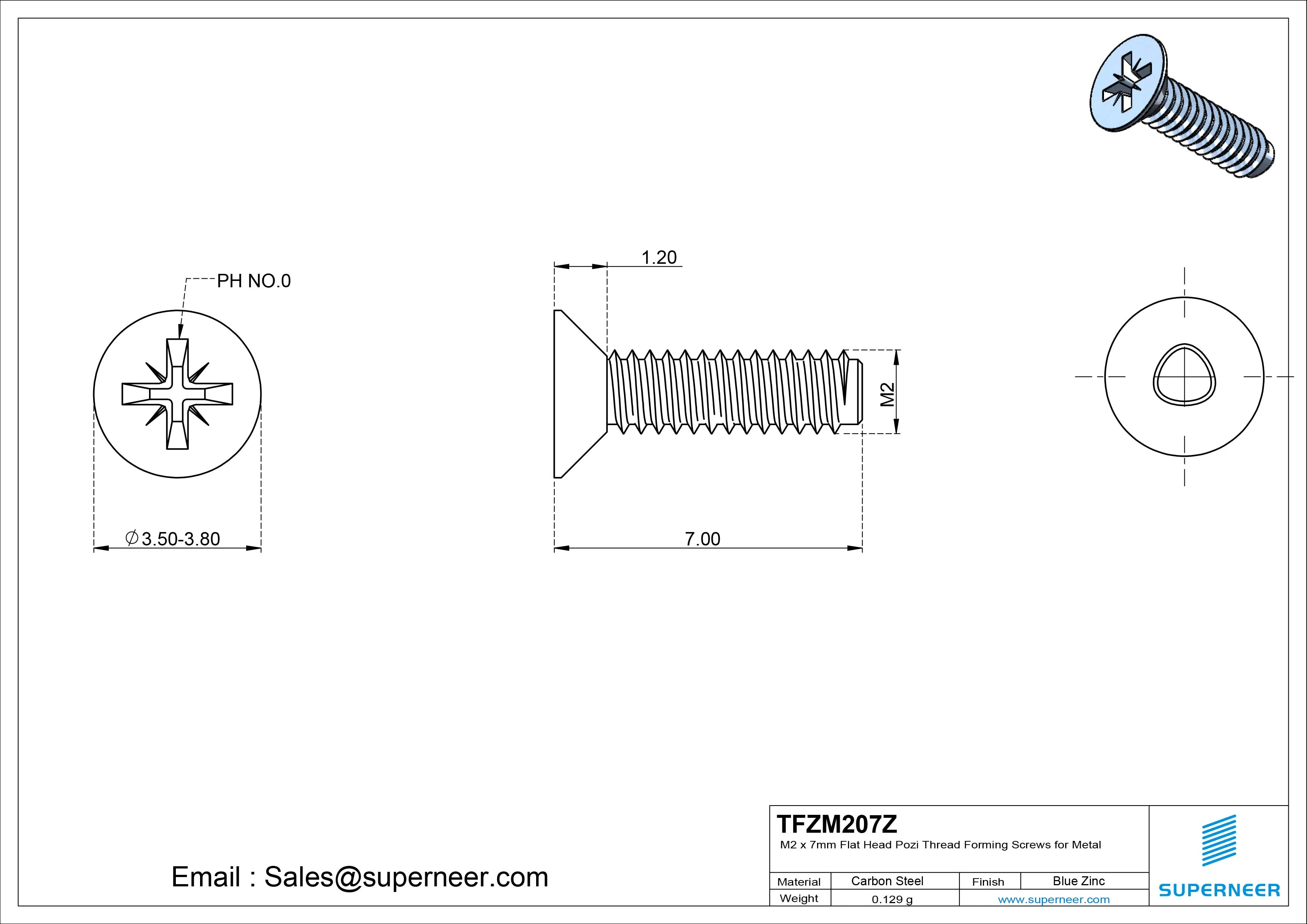 M2 × 7mm Flat Head Pozi Thread Forming Screws for Metal Steel Blue Zinc Plated