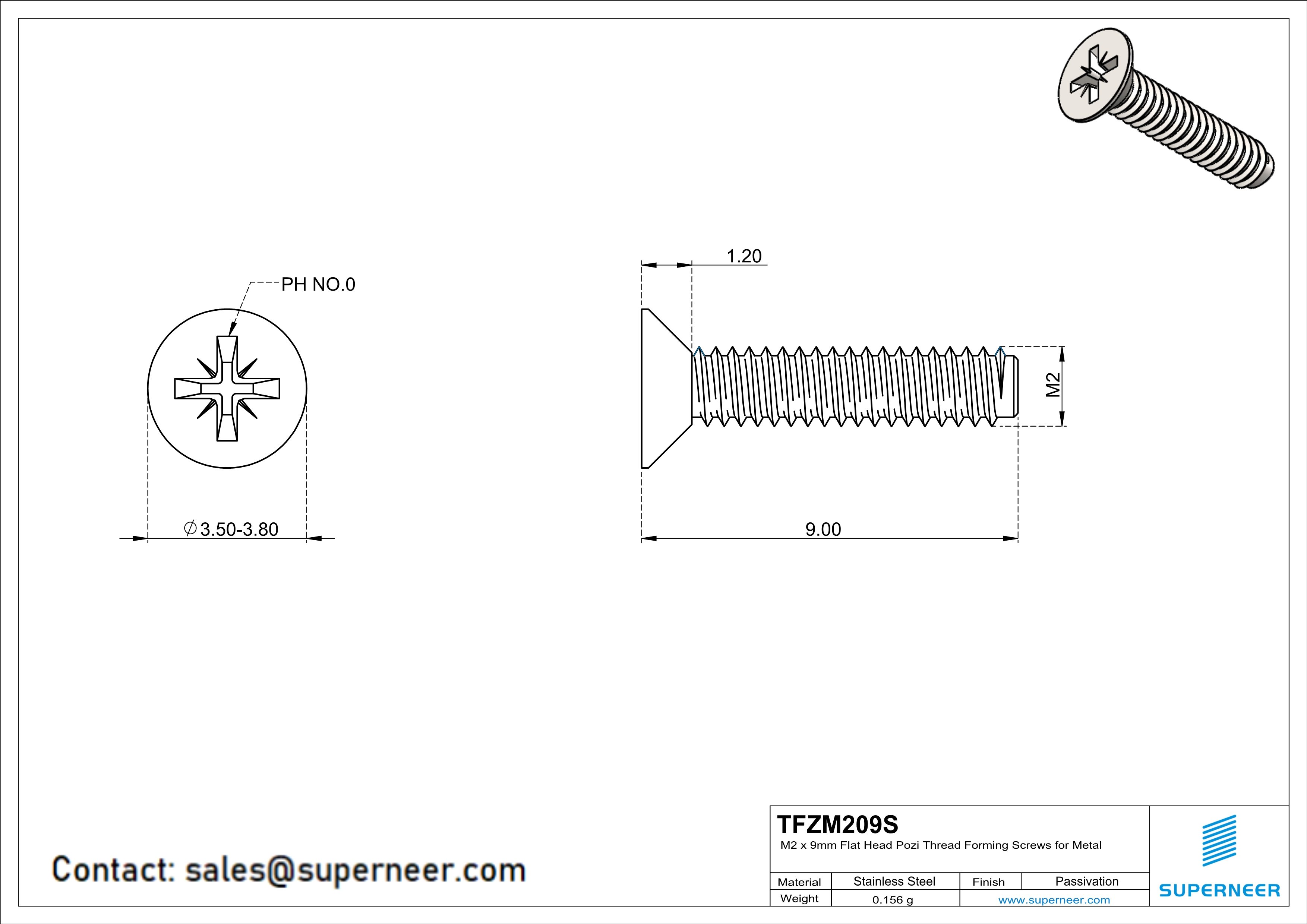 M2 × 9mm Flat Head Pozi Thread Forming Screws for Metal SUS304 Stainless Steel Inox