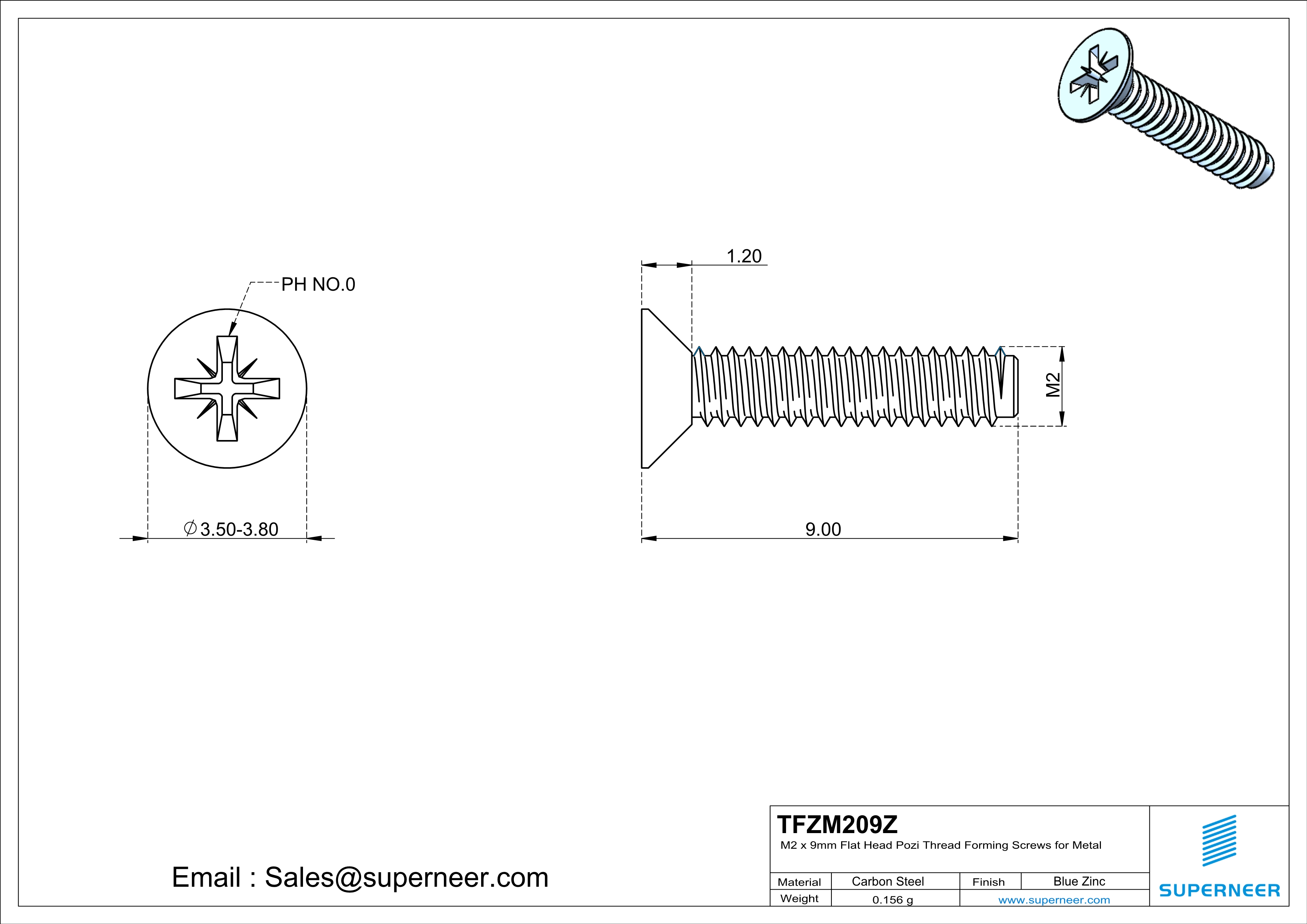 M2 × 9mm Flat Head Pozi Thread Forming Screws for Metal Steel Blue Zinc Plated