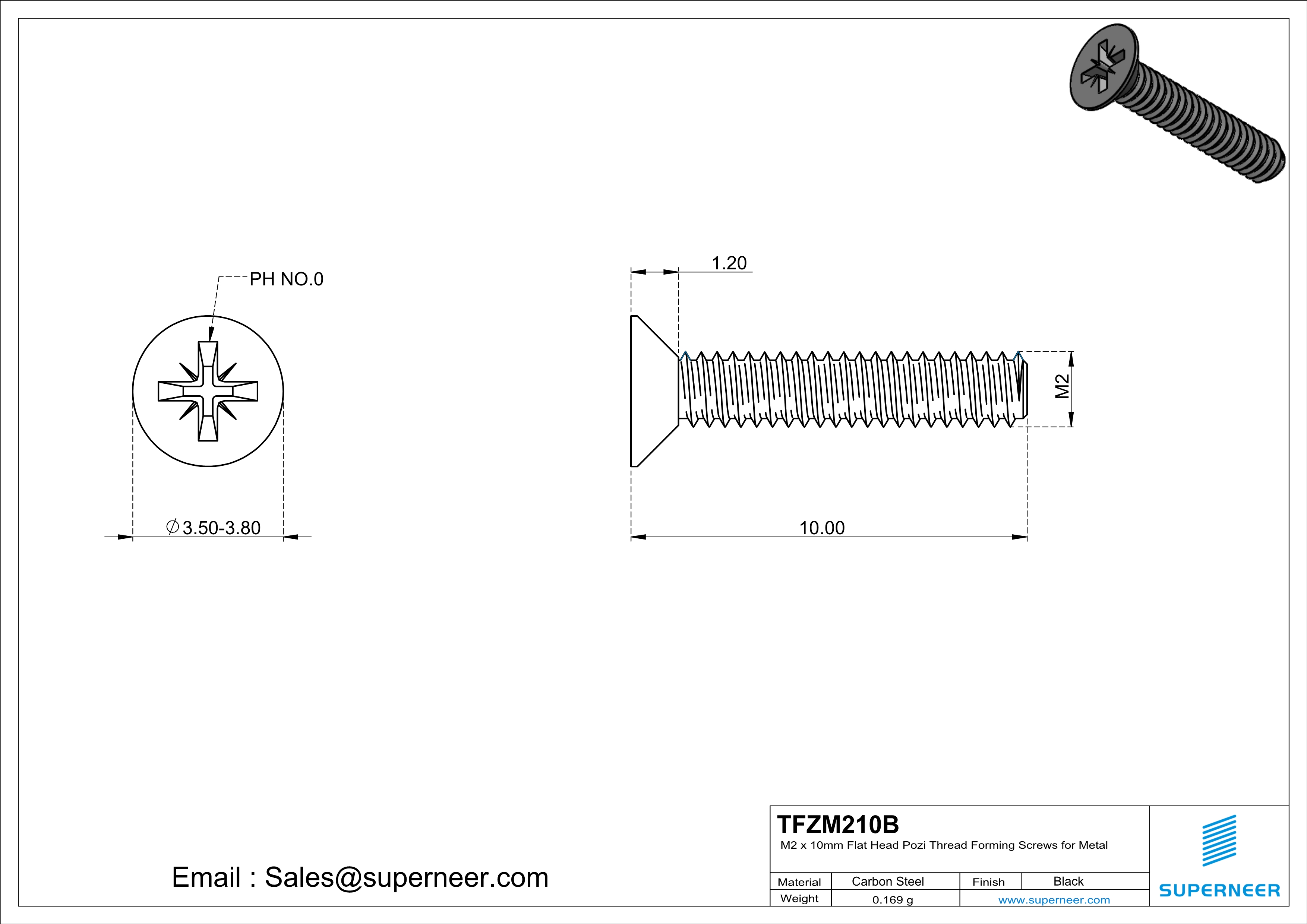 M2 × 10mm Flat Head Pozi Thread Forming Screws for Metal Steel Black