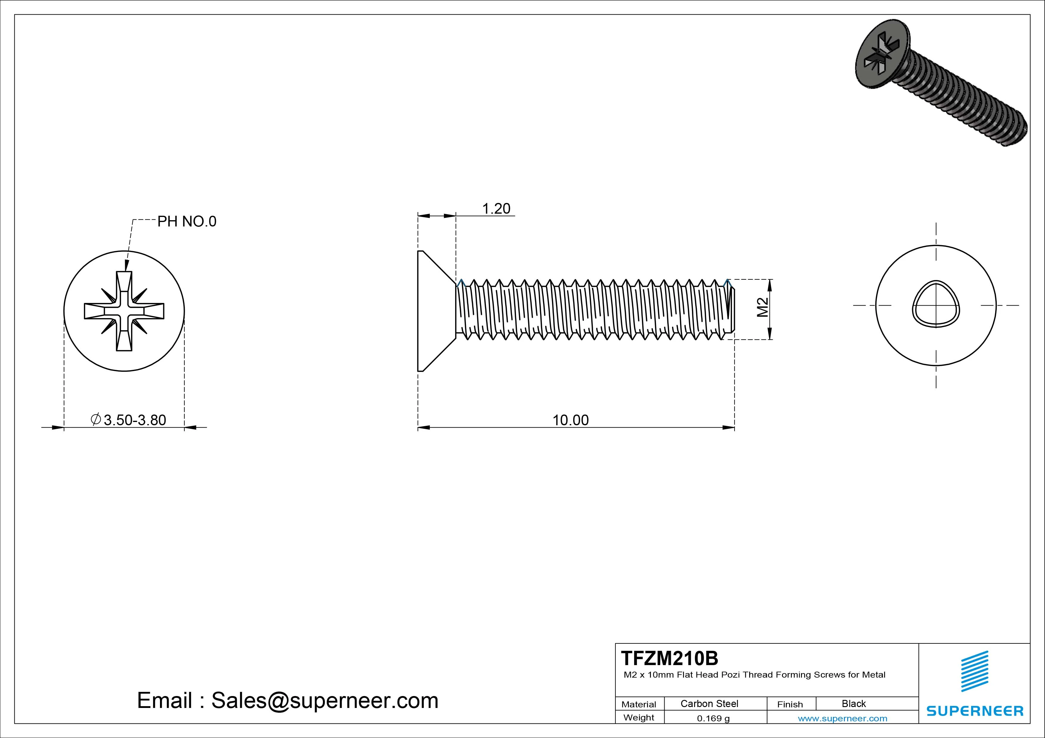 M2 × 10mm Flat Head Pozi Thread Forming Screws for Metal Steel Black