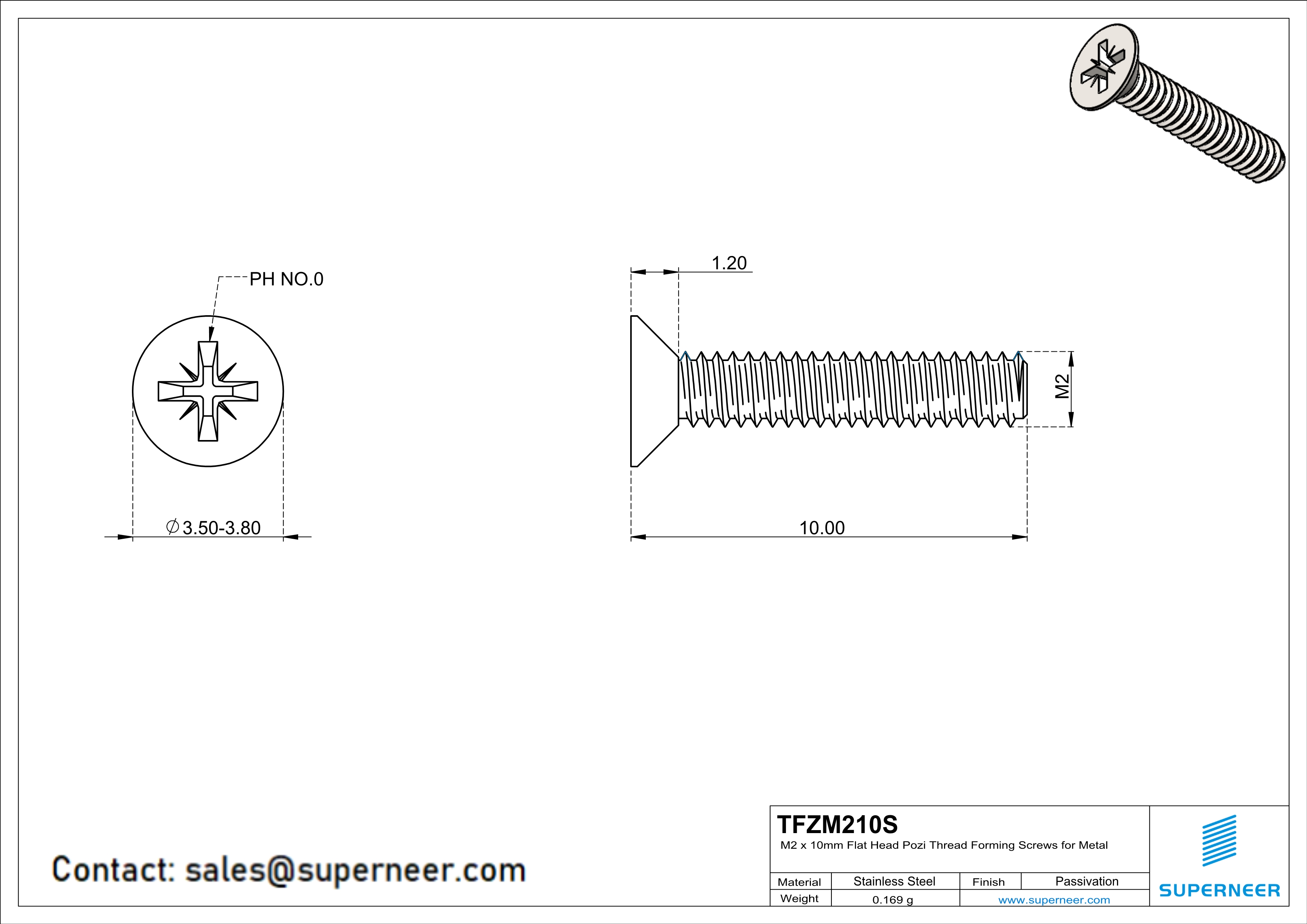 M2 × 10mm Flat Head Pozi Thread Forming Screws for Metal SUS304 Stainless Steel Inox
