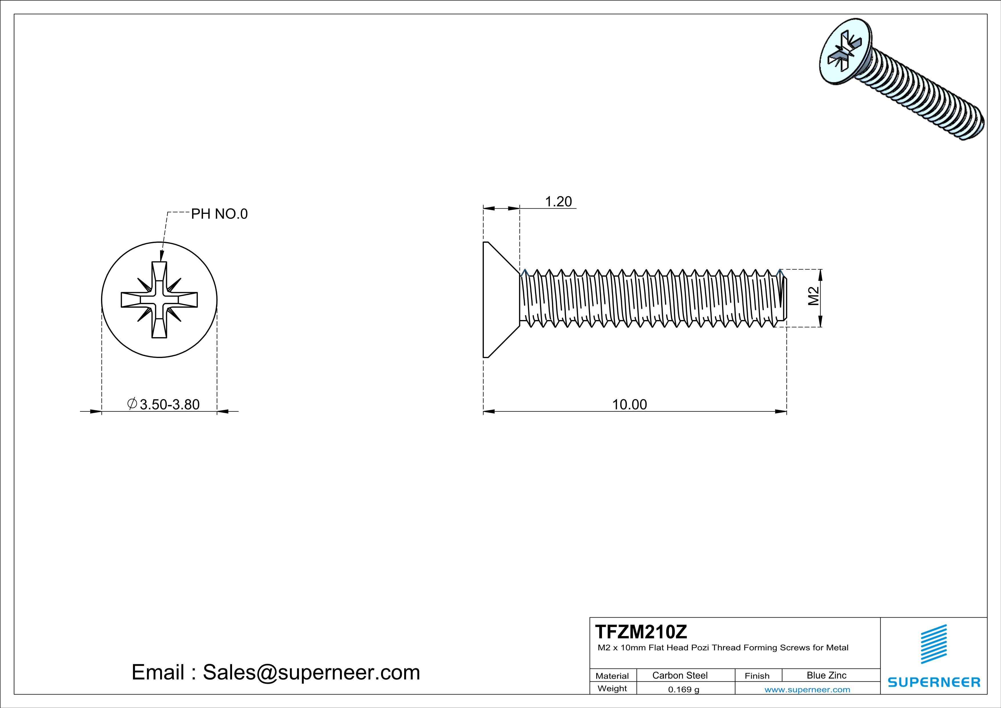 M2 × 10mm Flat Head Pozi Thread Forming Screws for Metal Steel Blue Zinc Plated