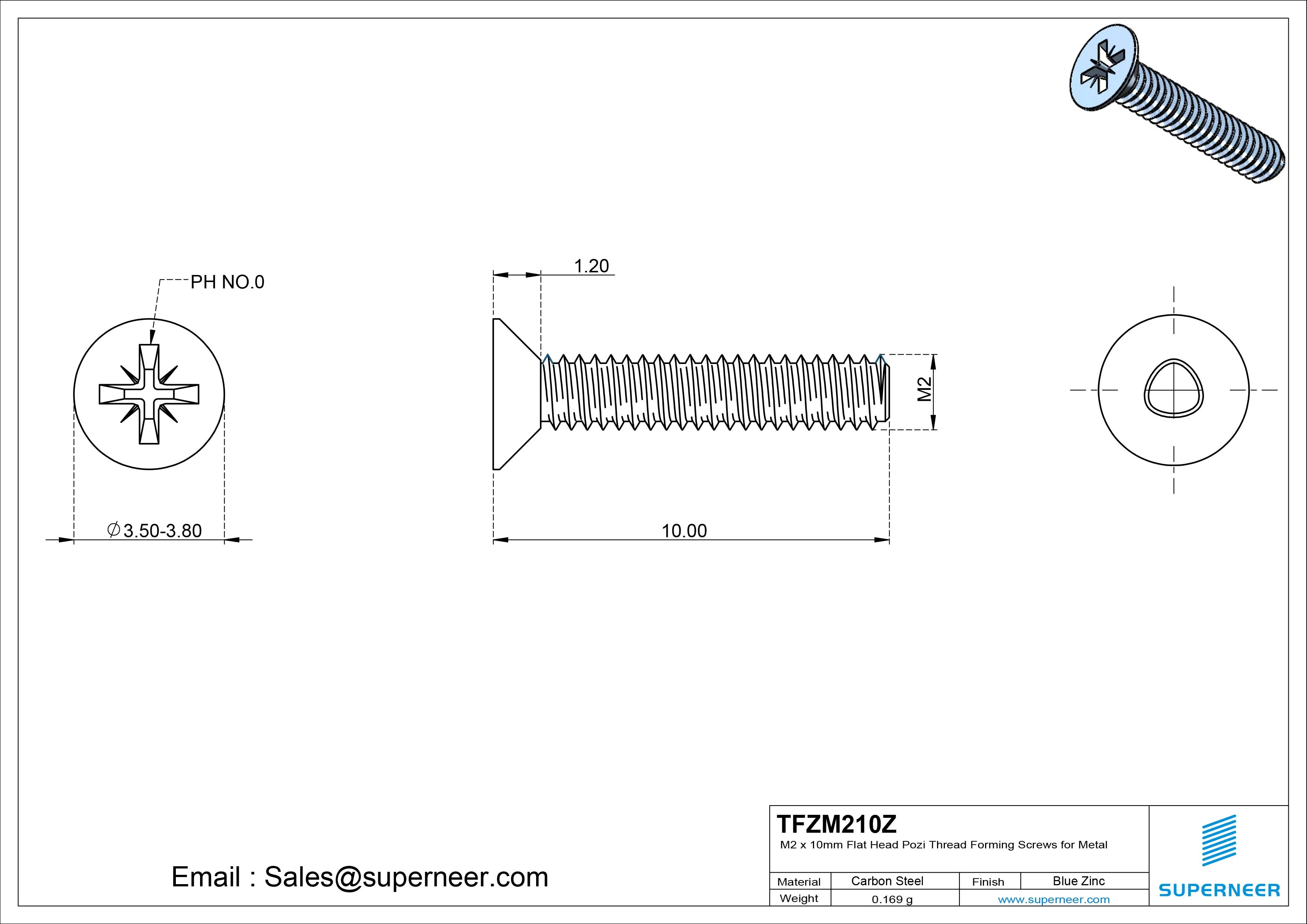 M2 × 10mm Flat Head Pozi Thread Forming Screws for Metal Steel Blue Zinc Plated