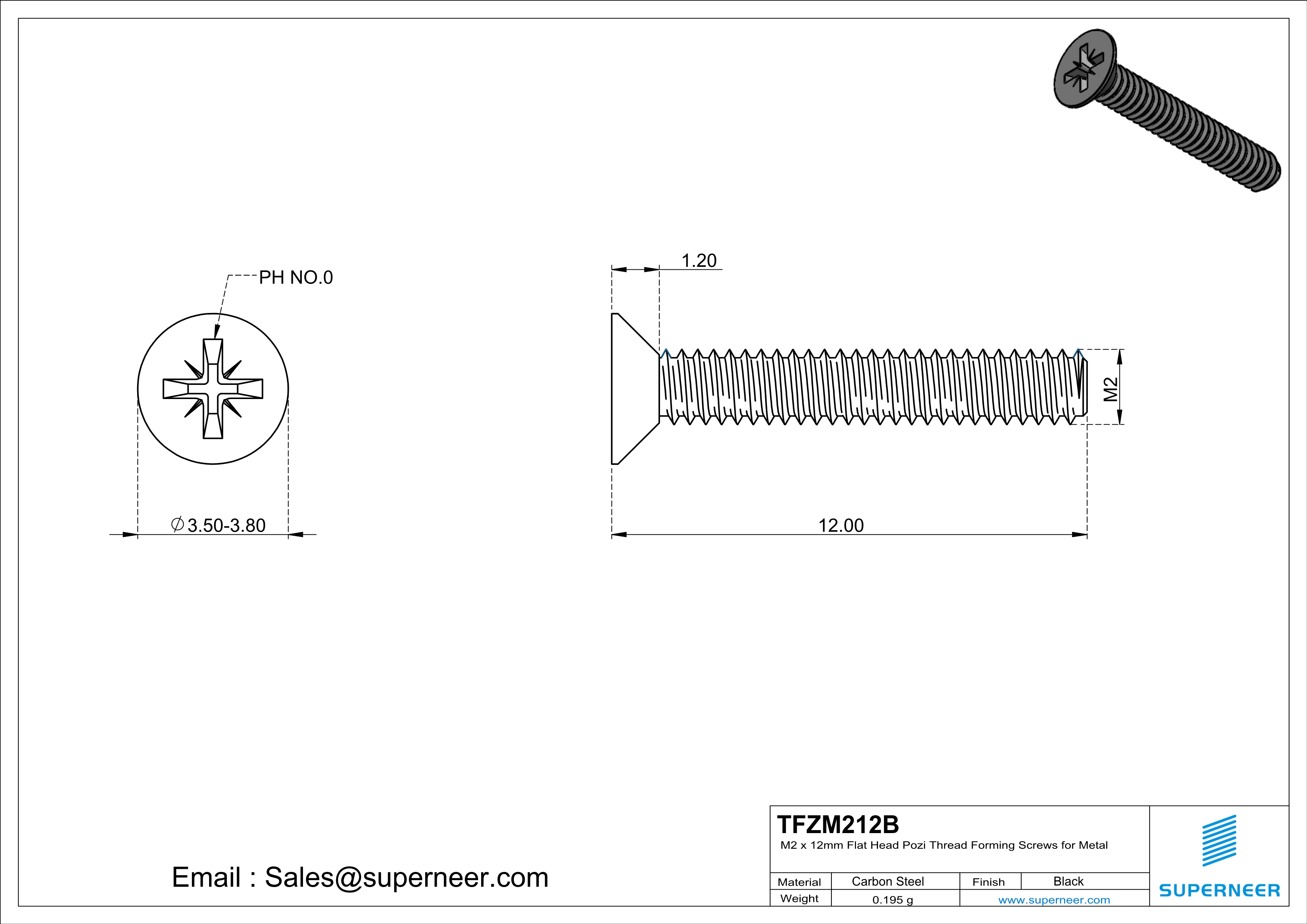 M2 × 12mm Flat Head Pozi Thread Forming Screws for Metal Steel Black