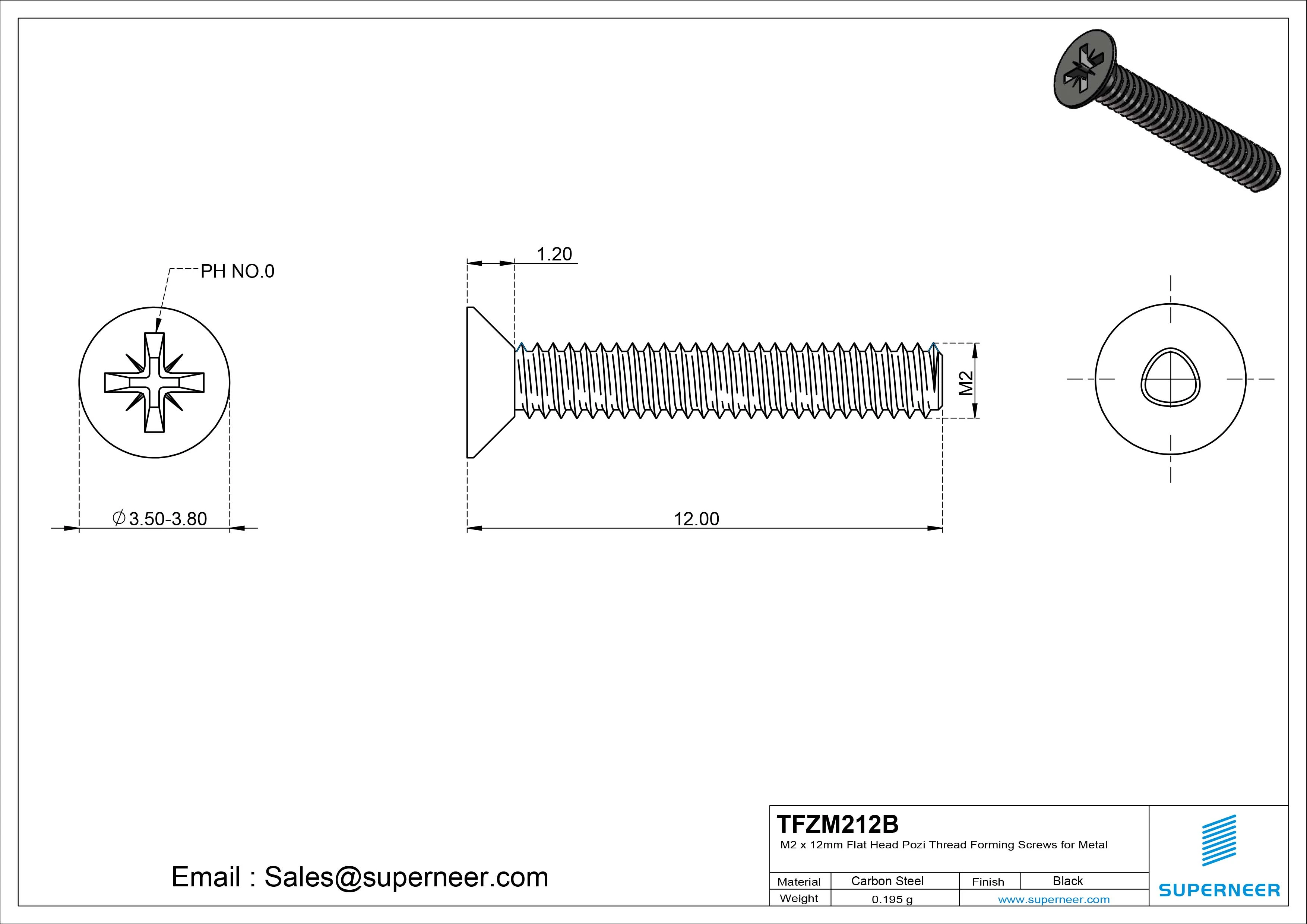 M2 × 12mm Flat Head Pozi Thread Forming Screws for Metal Steel Black