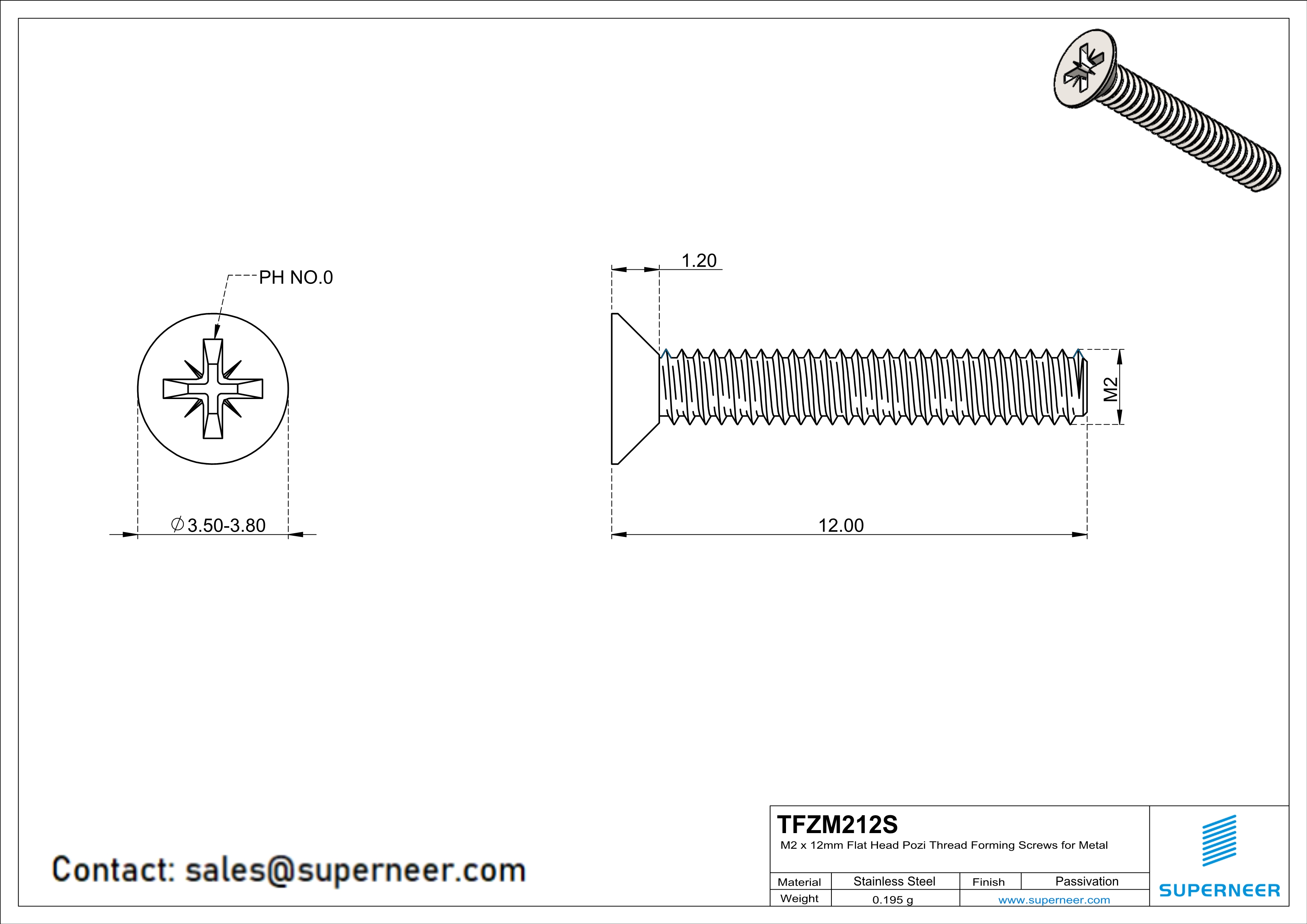 M2 × 12mm Flat Head Pozi Thread Forming Screws for Metal SUS304 Stainless Steel Inox