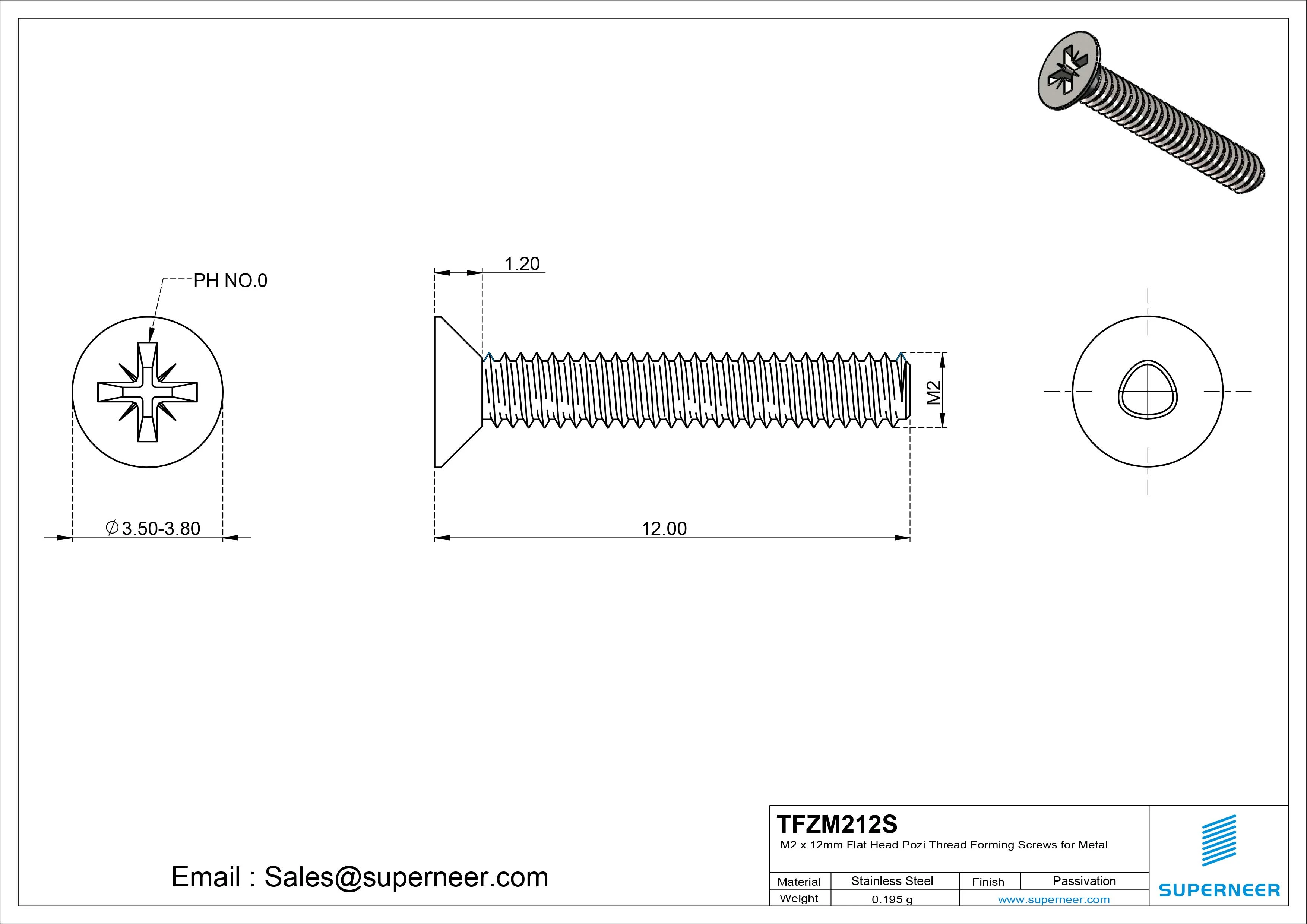 M2 × 12mm Flat Head Pozi Thread Forming Screws for Metal SUS304 Stainless Steel Inox