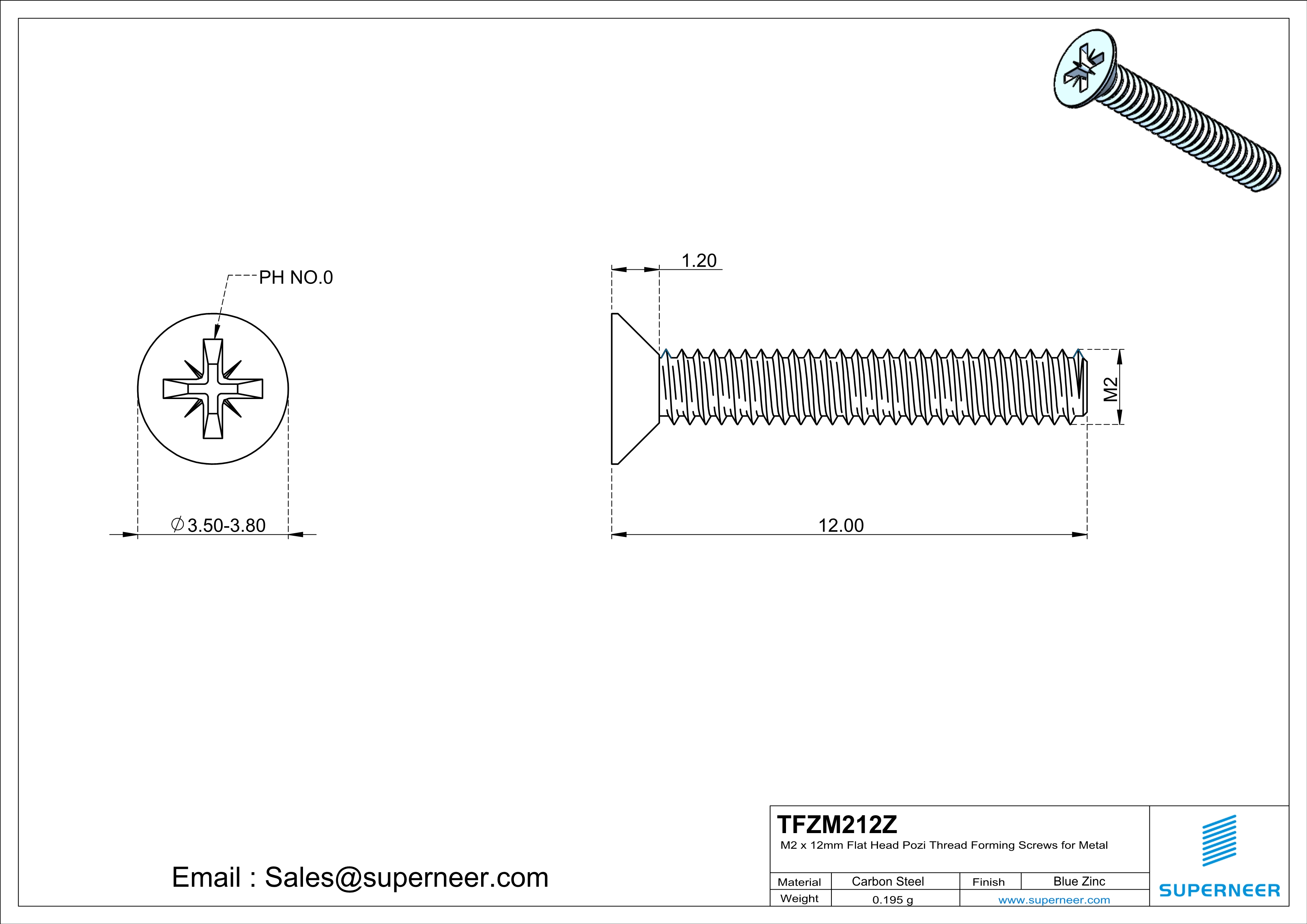 M2 × 12mm Flat Head Pozi Thread Forming Screws for Metal Steel Blue Zinc Plated