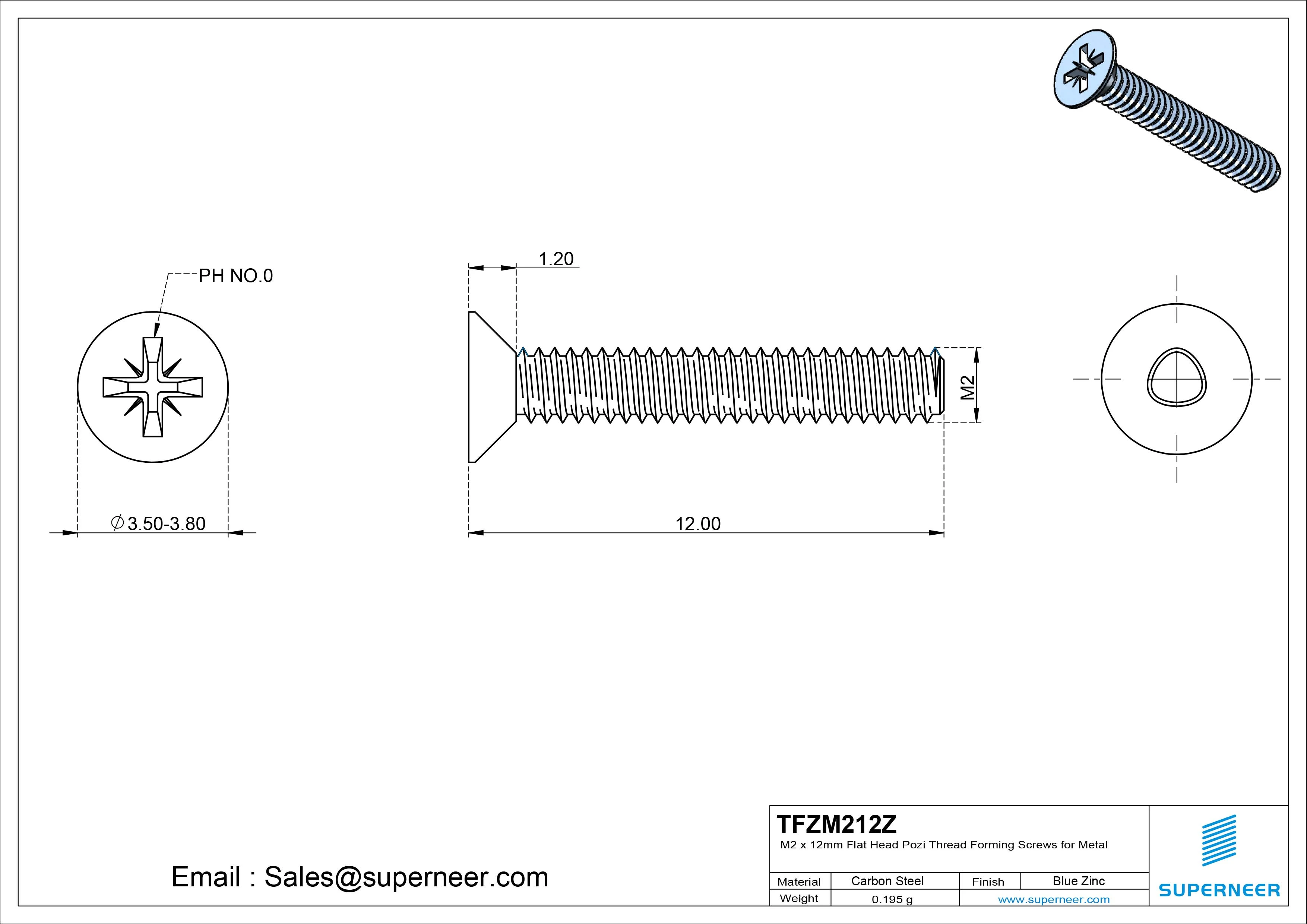 M2 × 12mm Flat Head Pozi Thread Forming Screws for Metal Steel Blue Zinc Plated