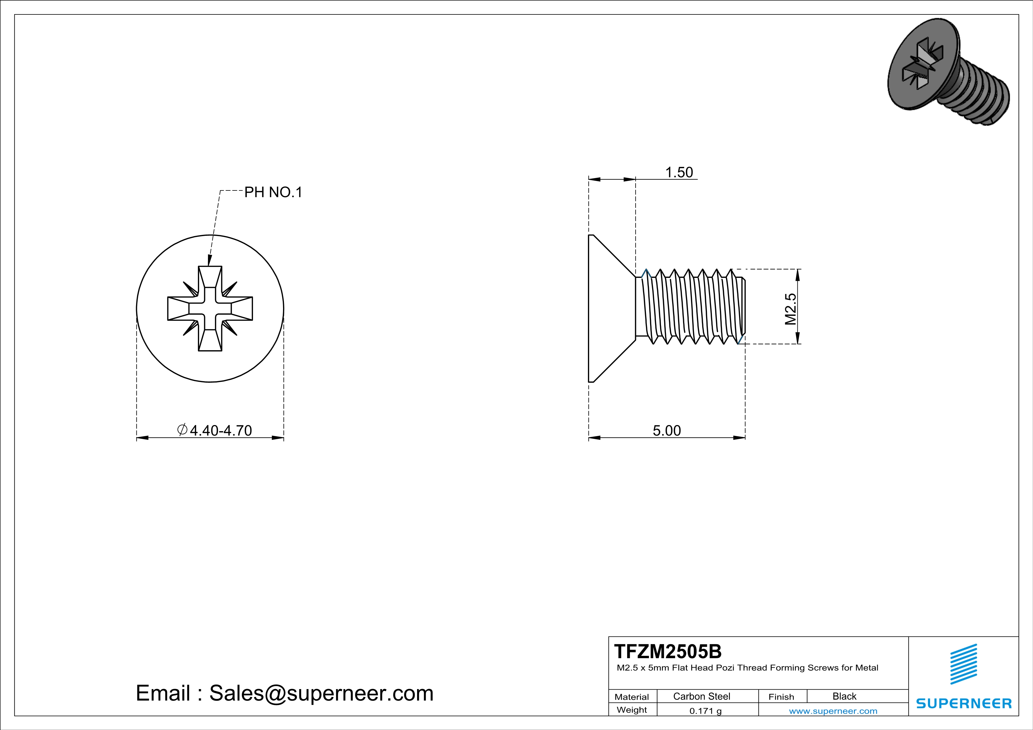 M2.5 × 5mm Flat Head Pozi Thread Forming Screws for Metal Steel Black