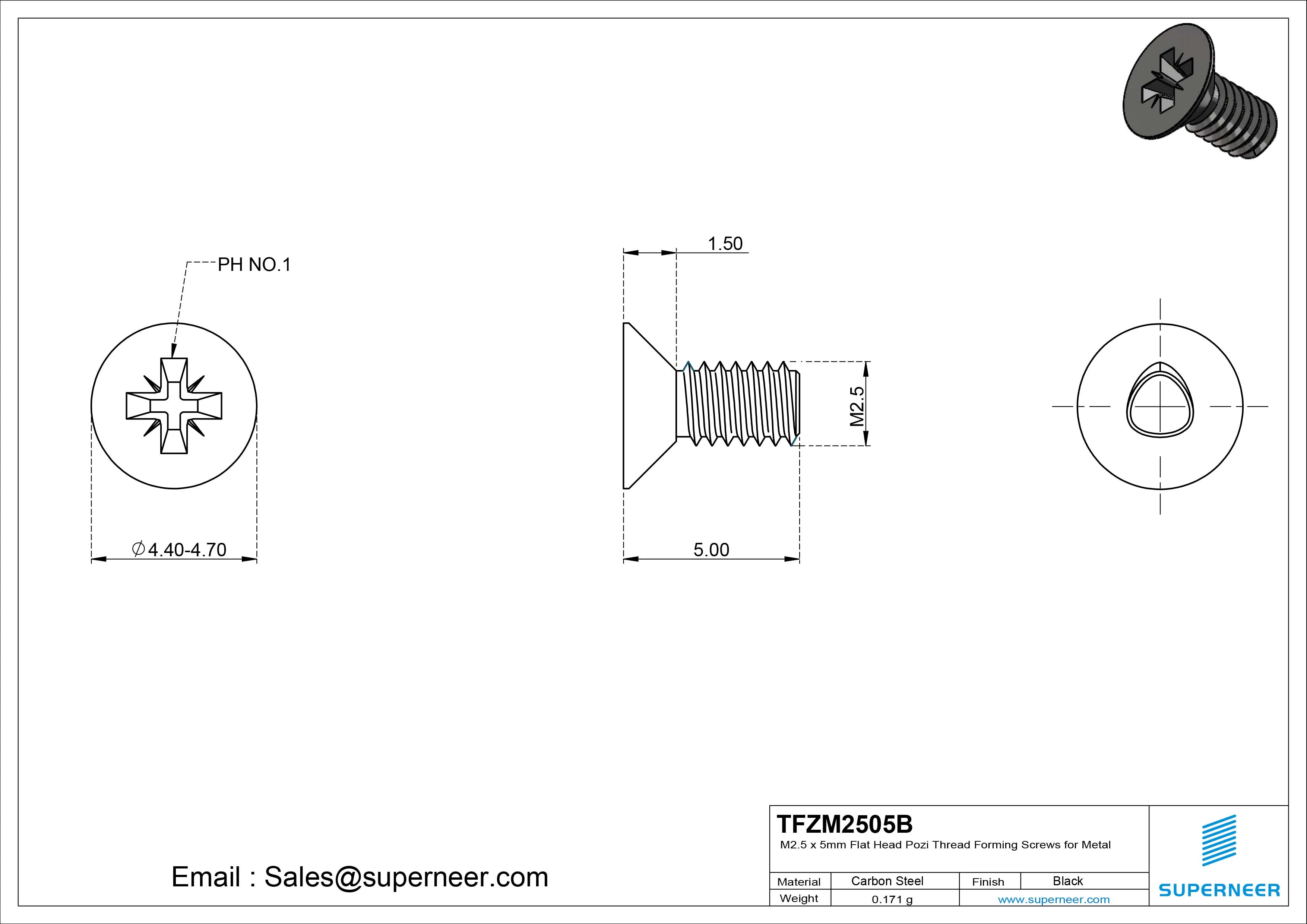 M2.5 × 5mm Flat Head Pozi Thread Forming Screws for Metal Steel Black