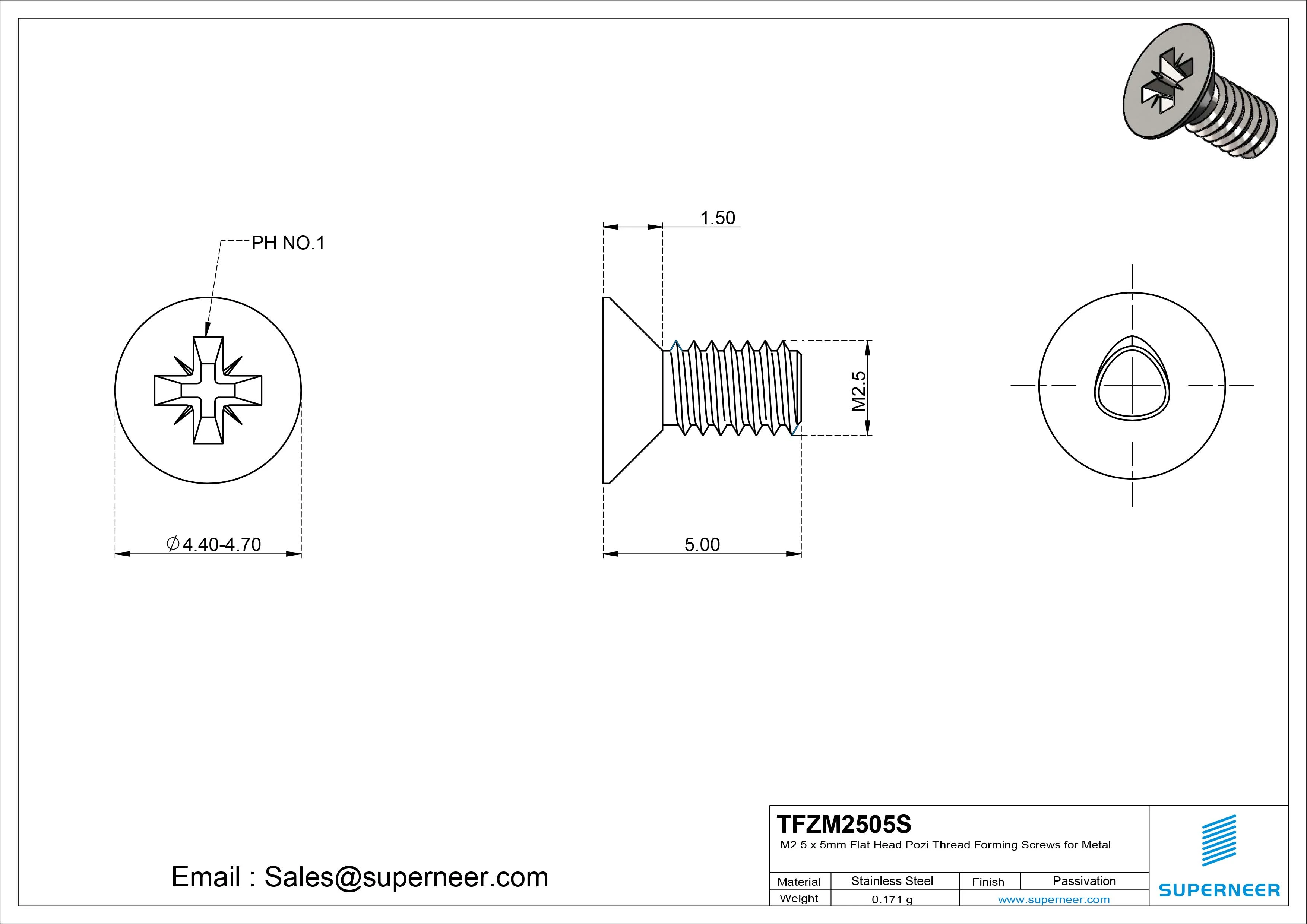 M2.5 × 5mm Flat Head Pozi Thread Forming Screws for Metal SUS304 Stainless Steel Inox