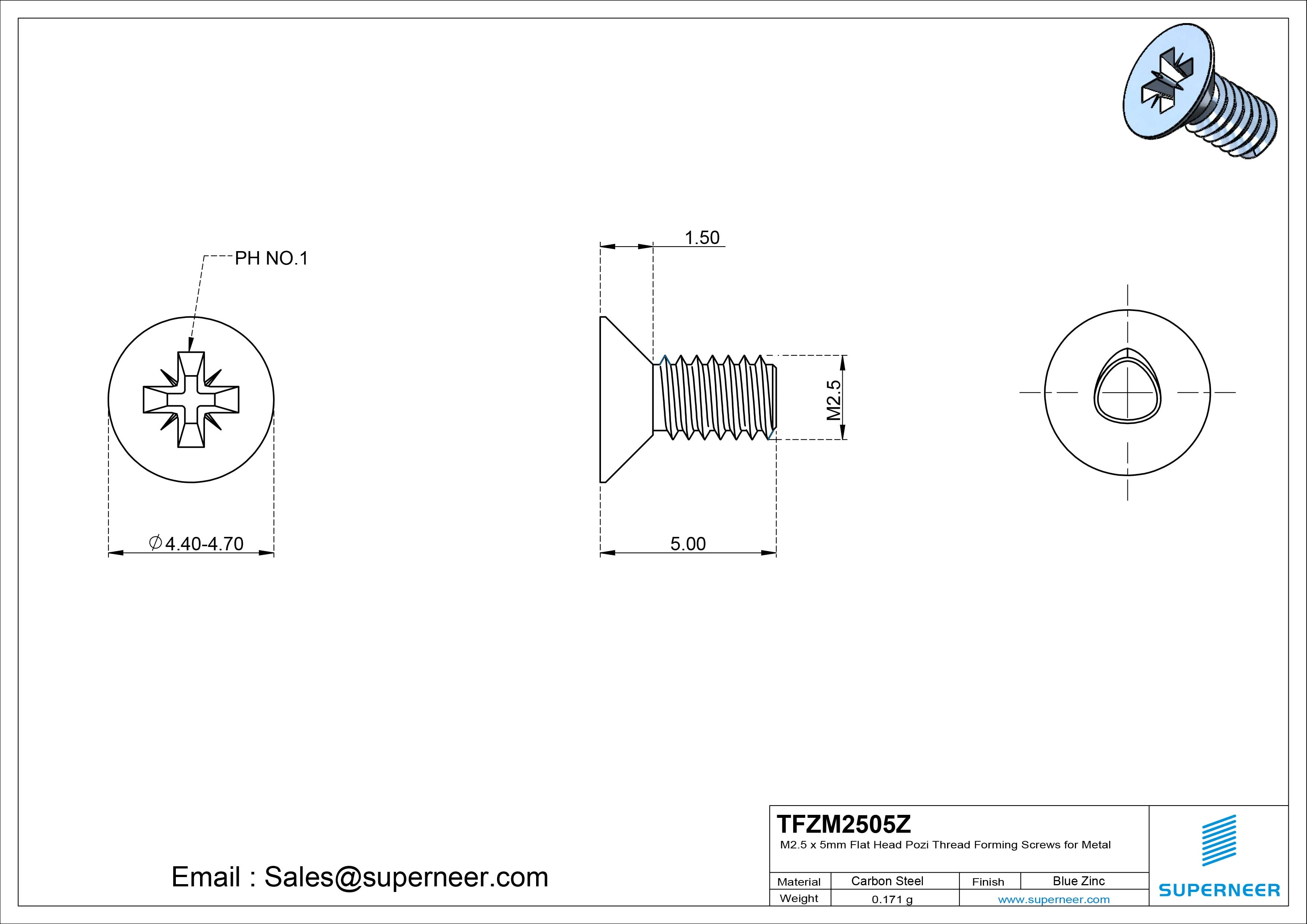 M2.5 × 5mm Flat Head Pozi Thread Forming Screws for Metal Steel Blue Zinc Plated