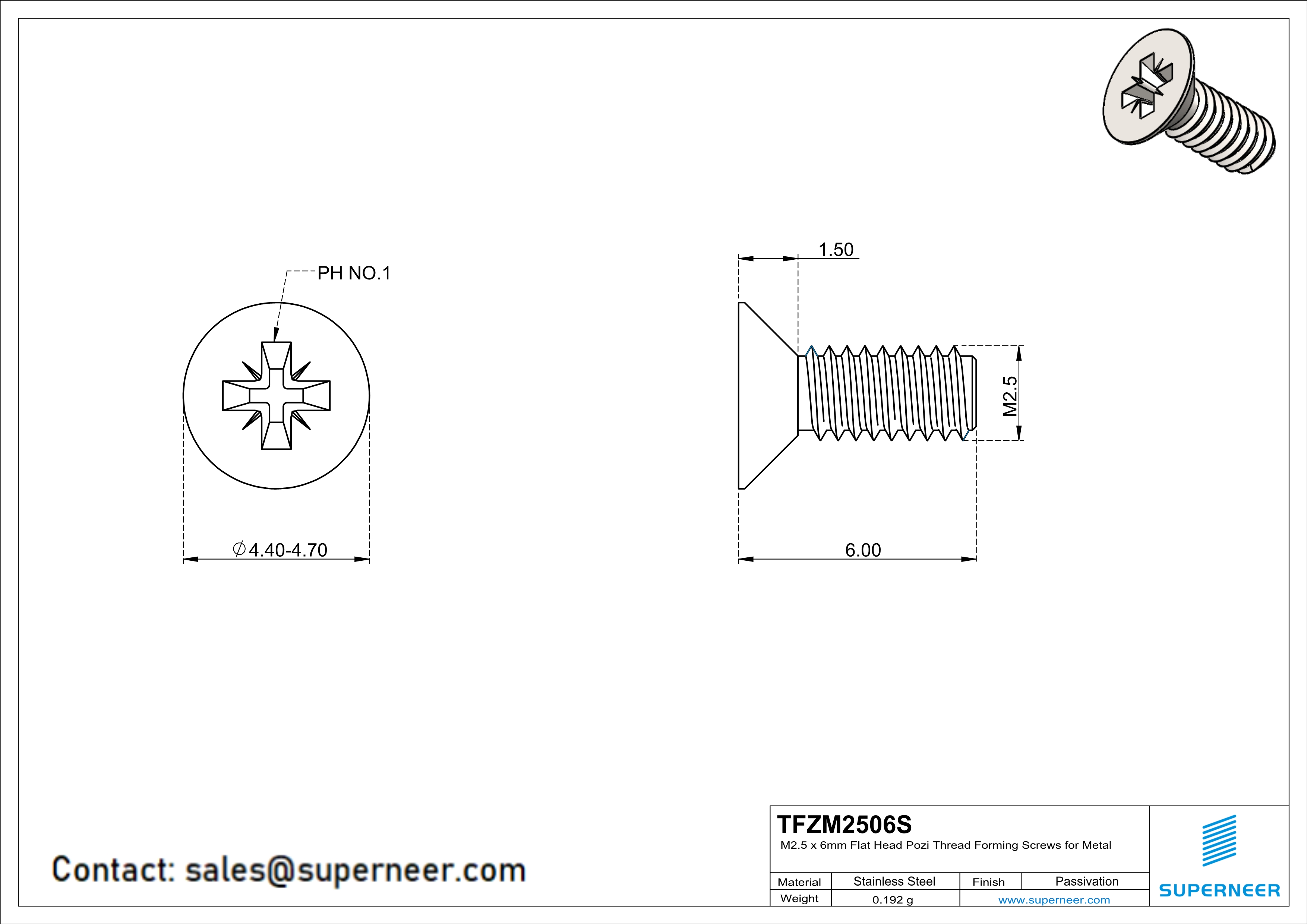 M2.5 × 6mm Flat Head Pozi Thread Forming Screws for Metal SUS304 Stainless Steel Inox