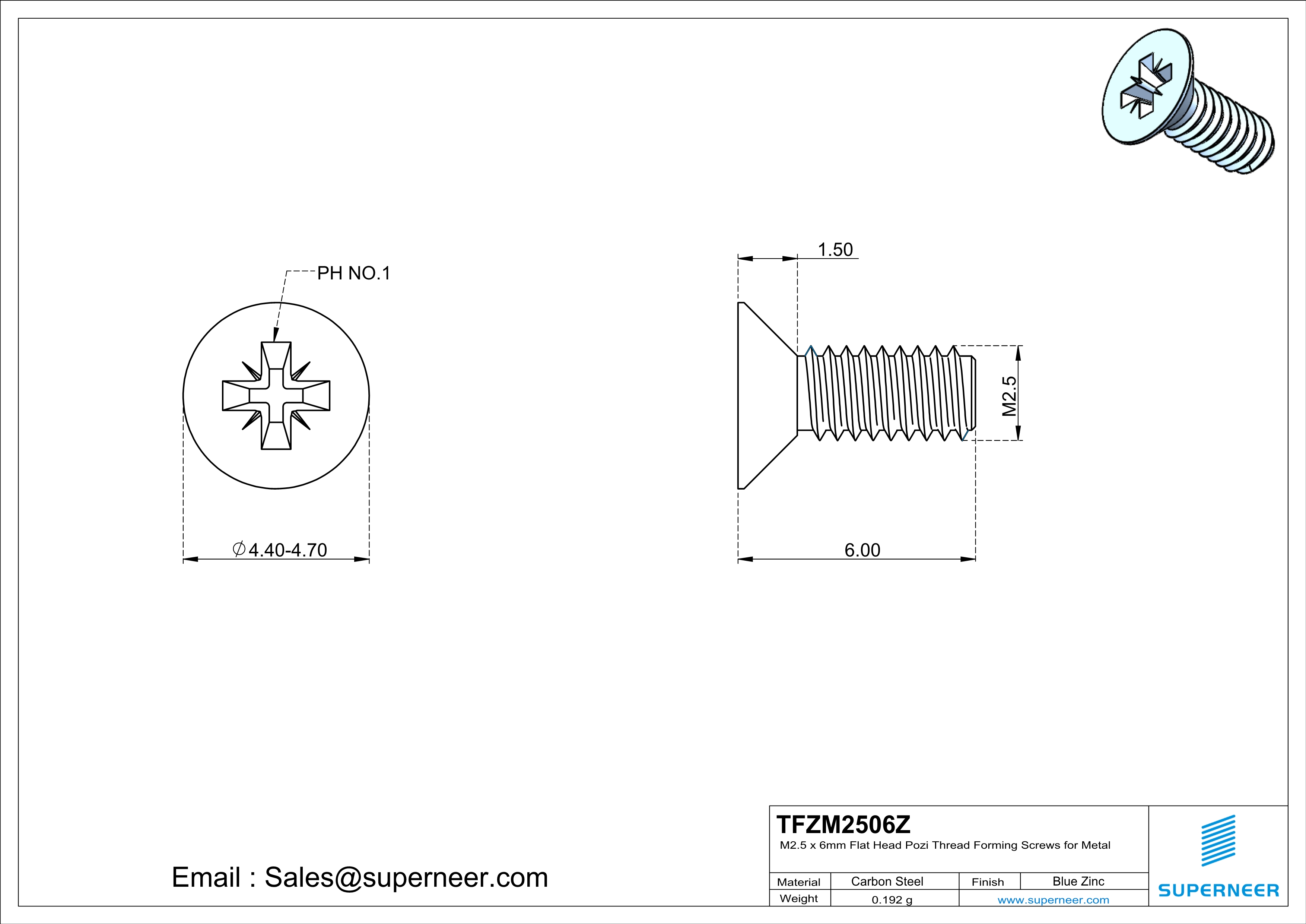 M2.5 × 6mm Flat Head Pozi Thread Forming Screws for Metal Steel Blue Zinc Plated