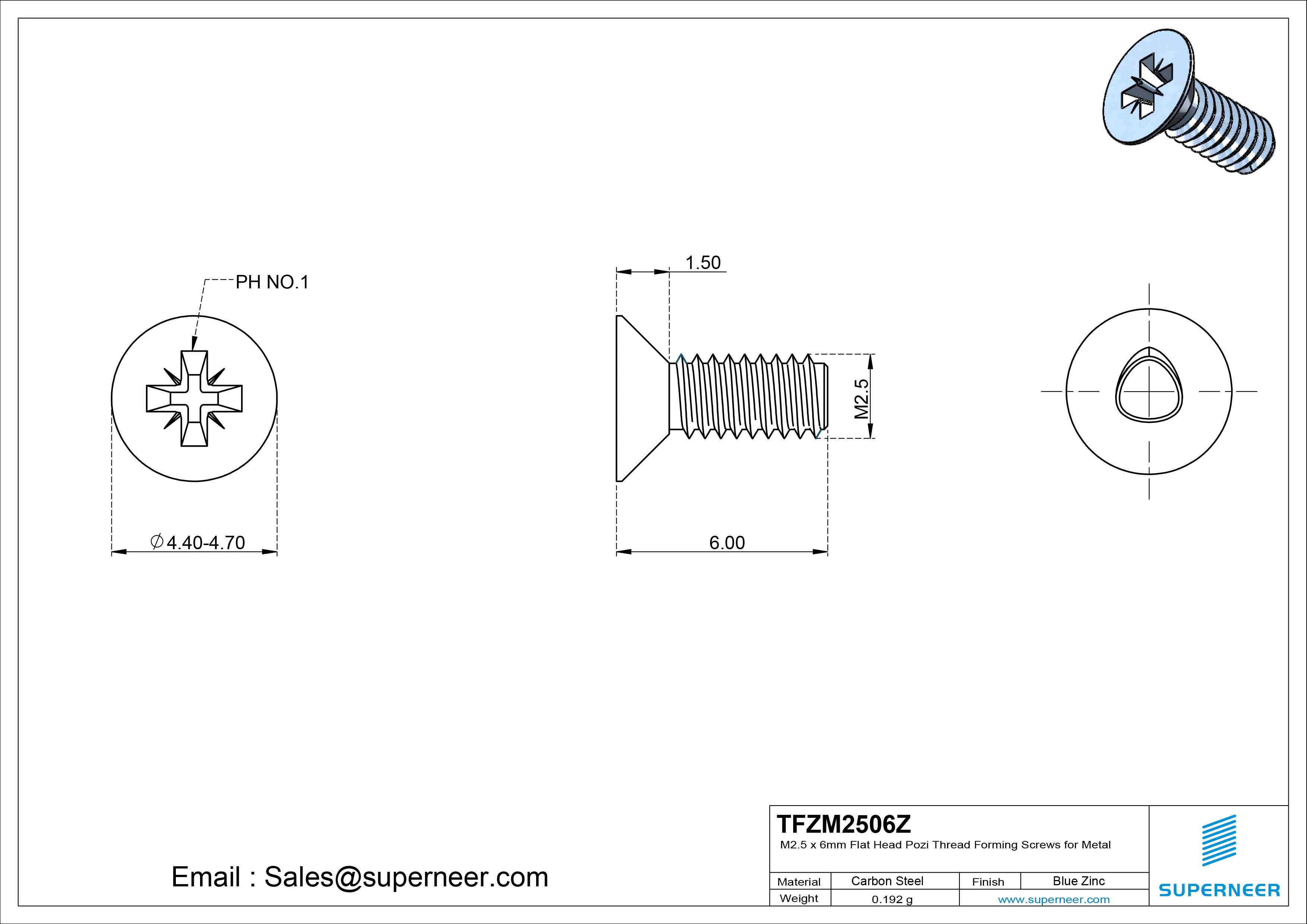 M2.5 × 6mm Flat Head Pozi Thread Forming Screws for Metal Steel Blue Zinc Plated