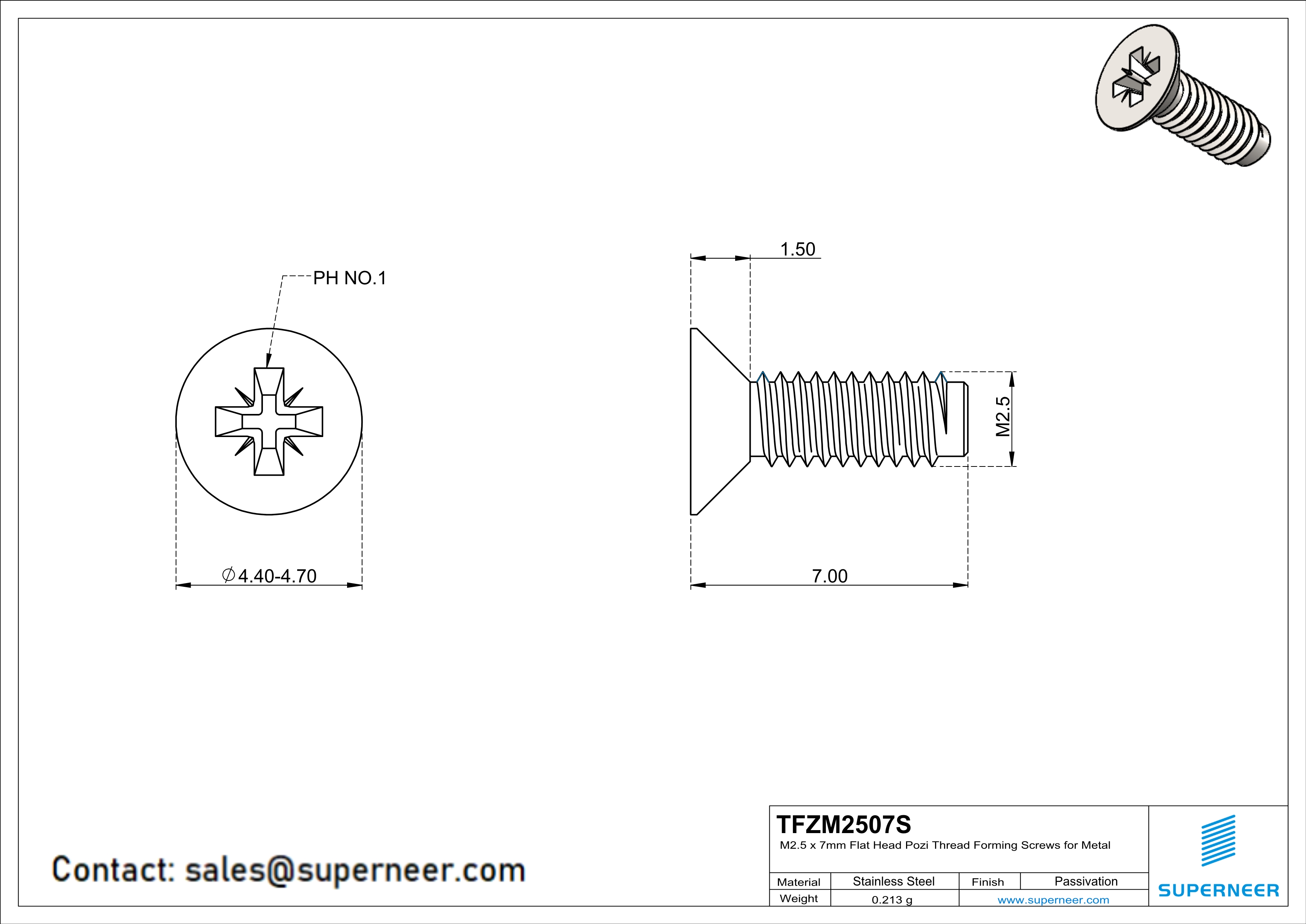 M2.5 × 7mm Flat Head Pozi Thread Forming Screws for Metal SUS304 Stainless Steel Inox