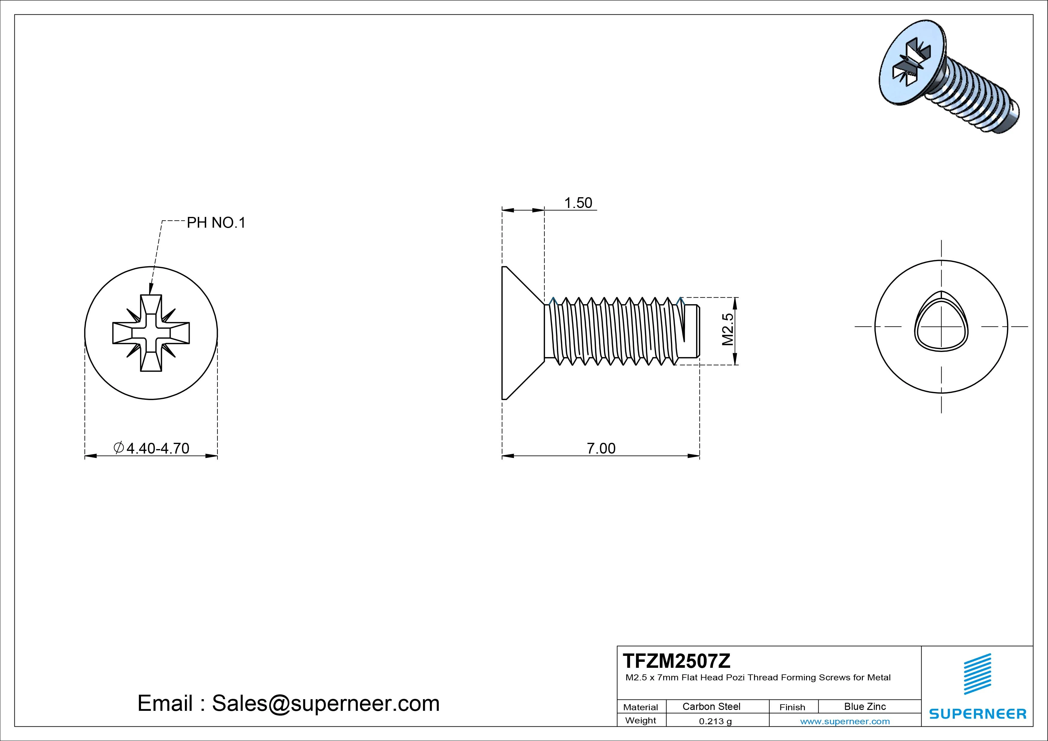 M2.5 × 7mm Flat Head Pozi Thread Forming Screws for Metal Steel Blue Zinc Plated