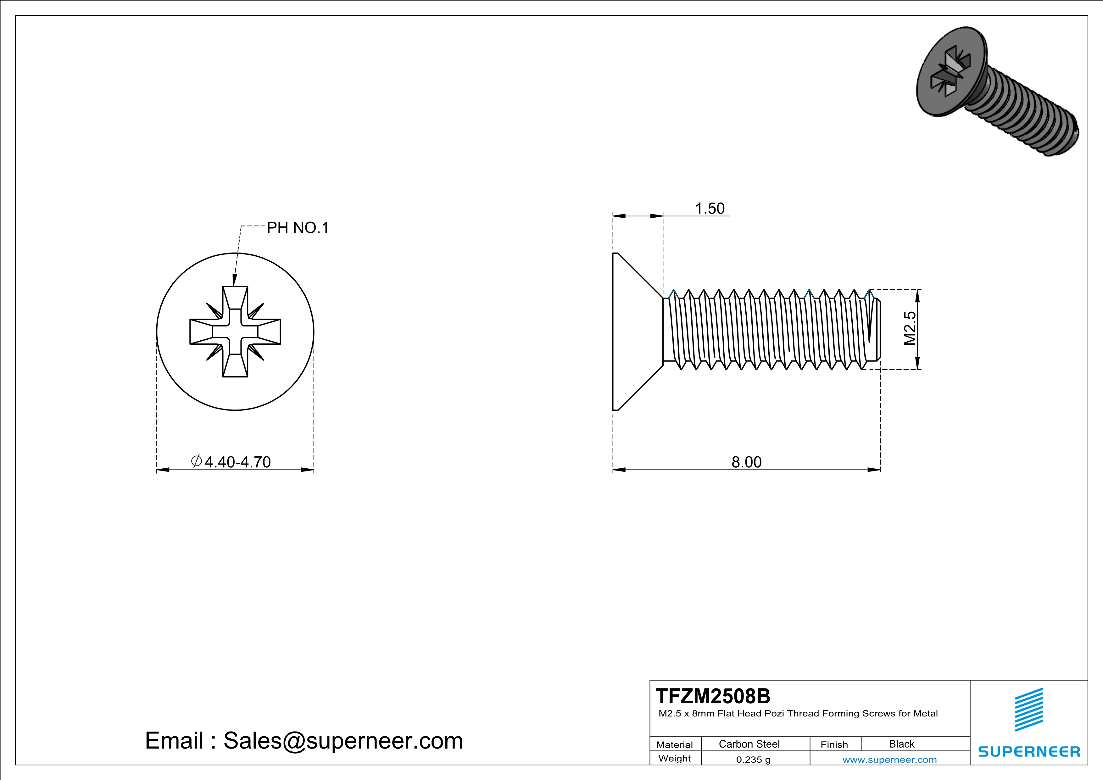 M2.5 × 8mm Flat Head Pozi Thread Forming Screws for Metal Steel Black