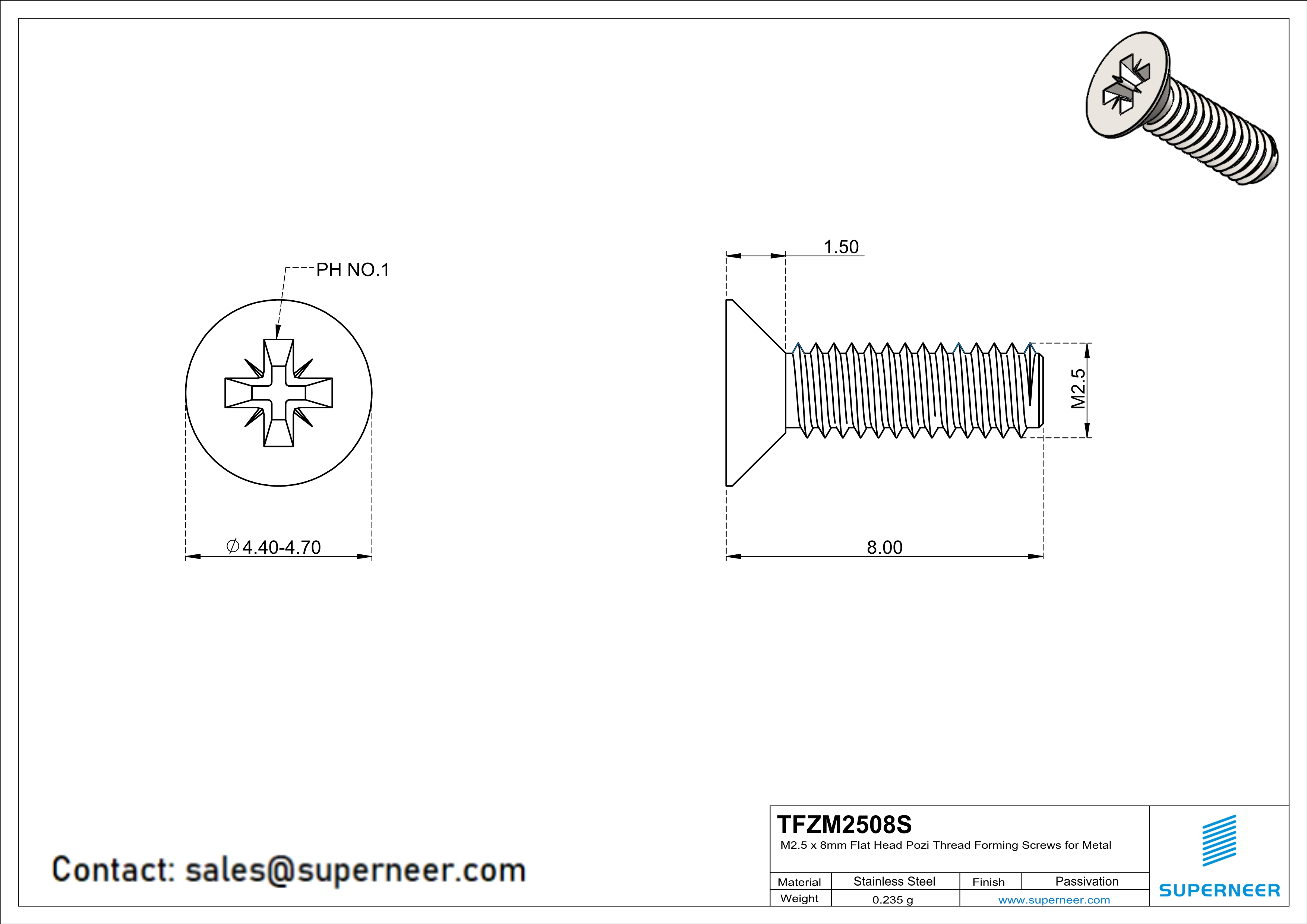 M2.5 × 8mm Flat Head Pozi Thread Forming Screws for Metal SUS304 Stainless Steel Inox