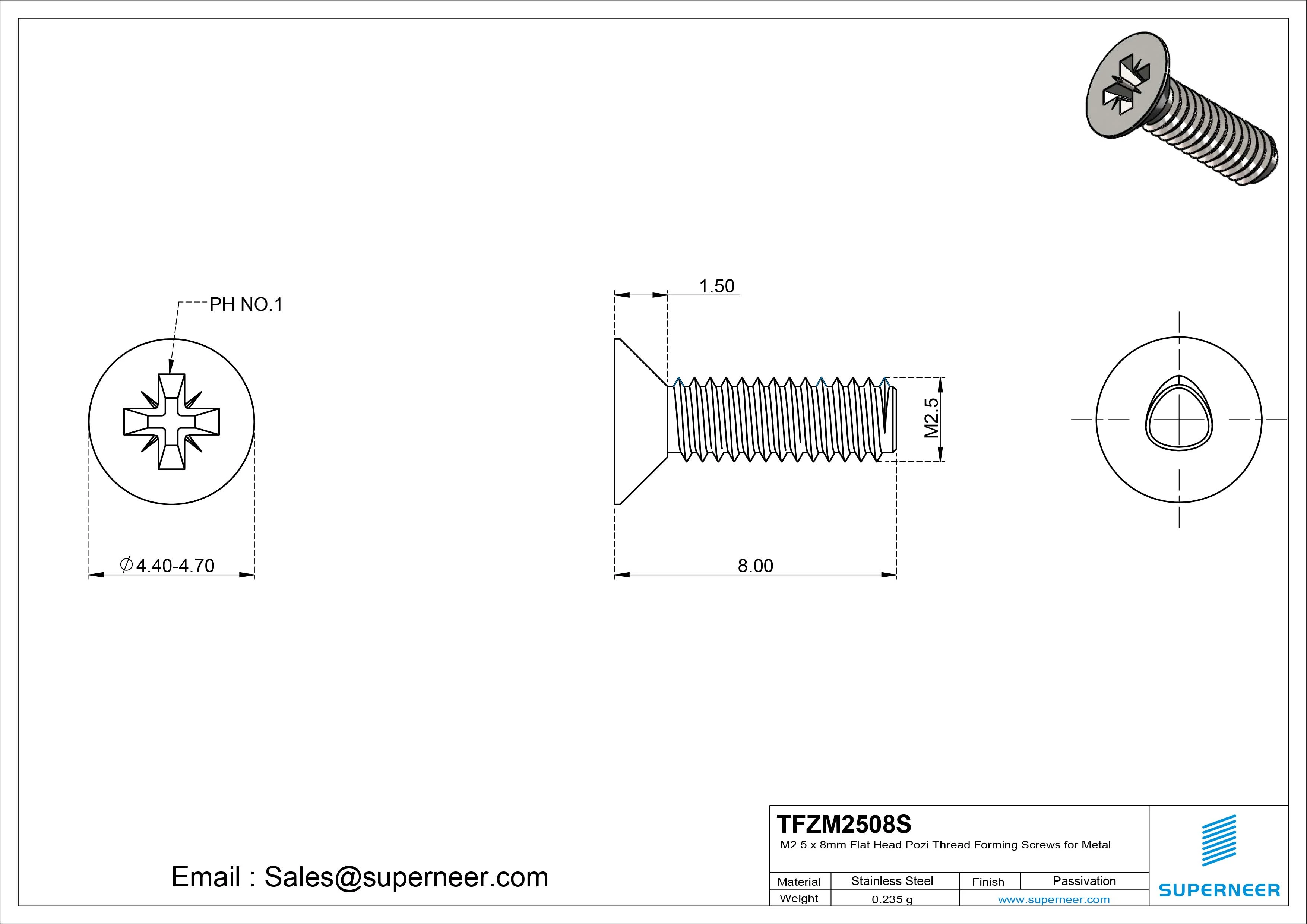 M2.5 × 8mm Flat Head Pozi Thread Forming Screws for Metal SUS304 Stainless Steel Inox