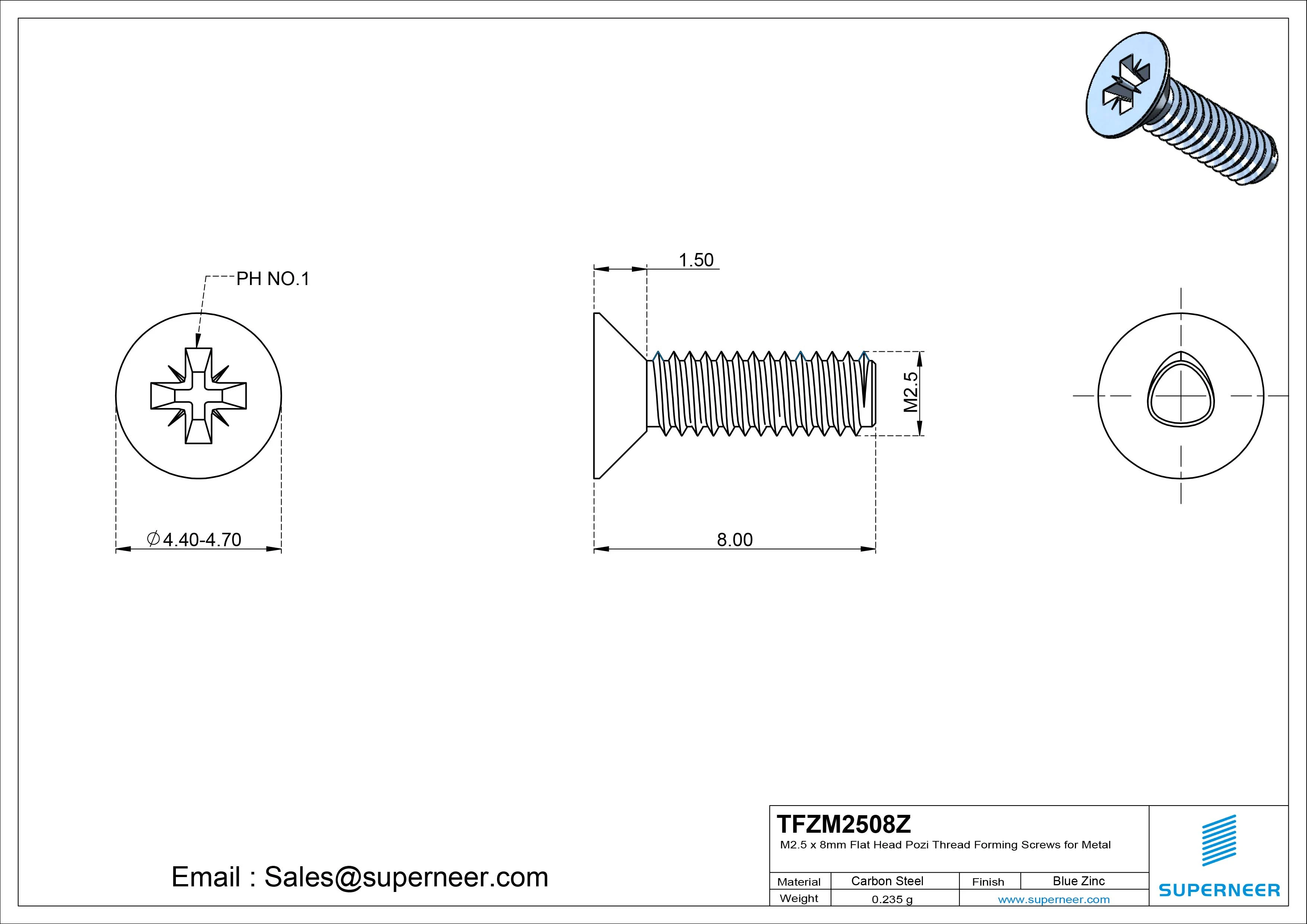 M2.5 × 8mm Flat Head Pozi Thread Forming Screws for Metal Steel Blue Zinc Plated