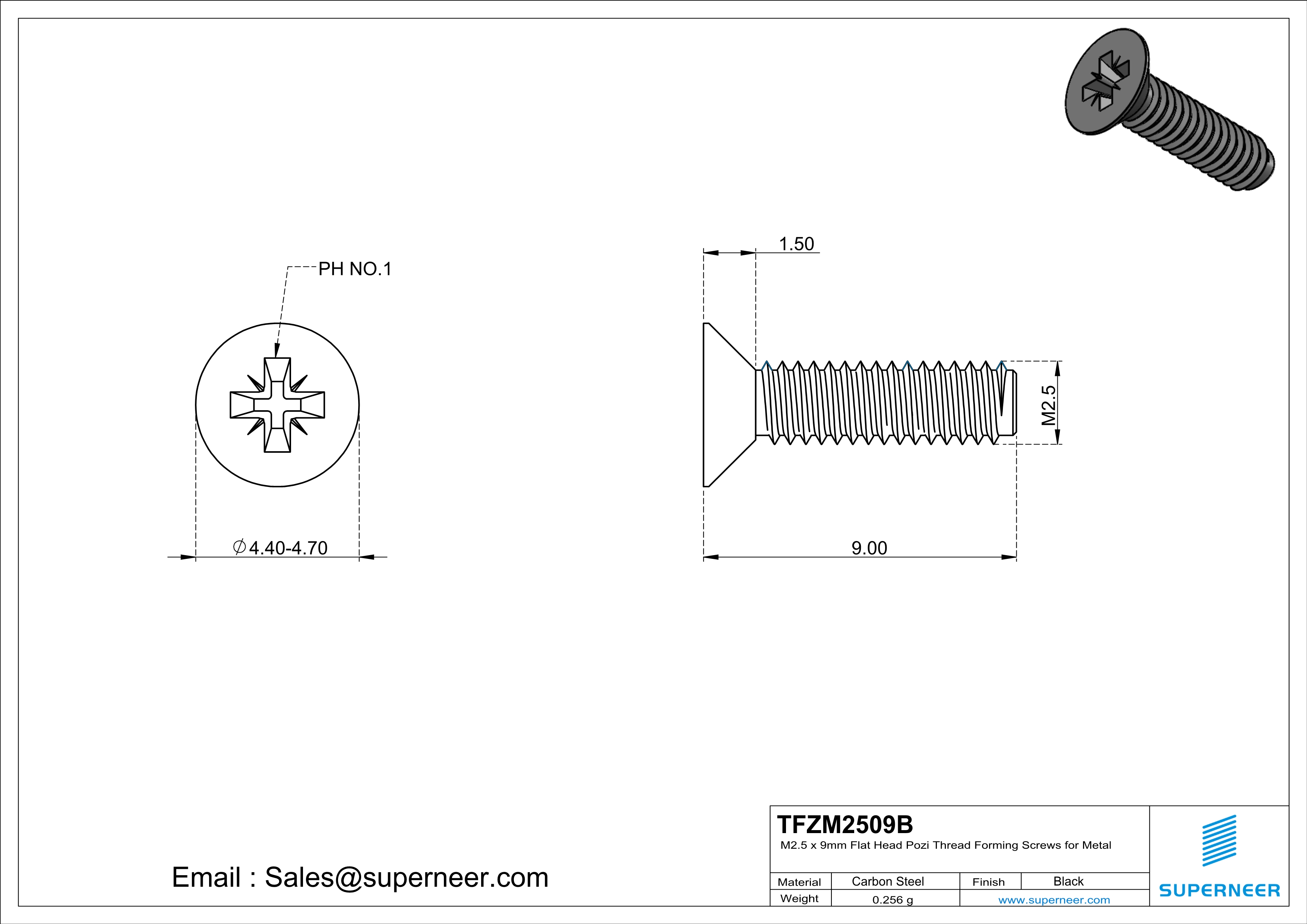 M2.5 × 9mm Flat Head Pozi Thread Forming Screws for Metal Steel Black