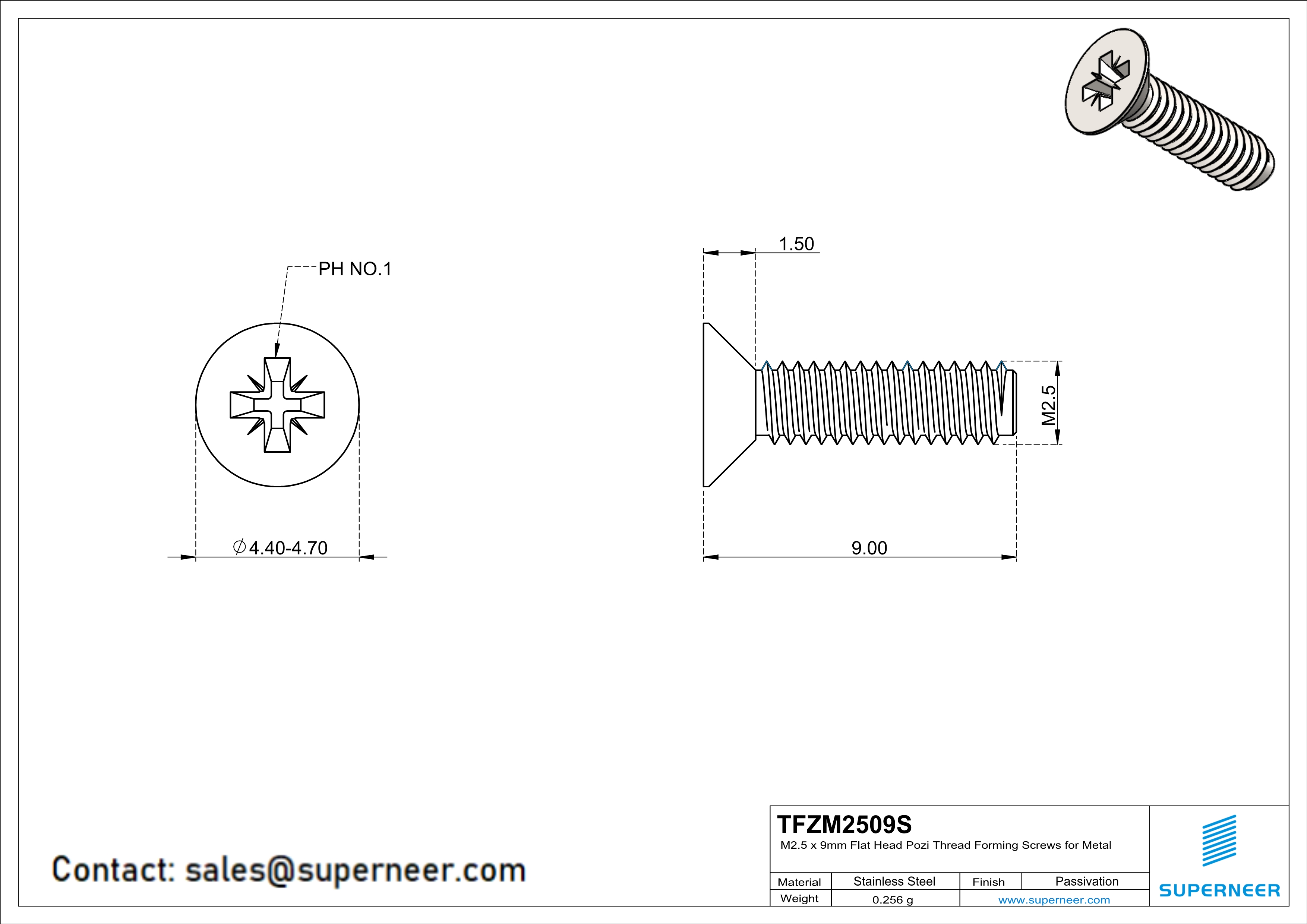 M2.5 × 9mm Flat Head Pozi Thread Forming Screws for Metal SUS304 Stainless Steel Inox