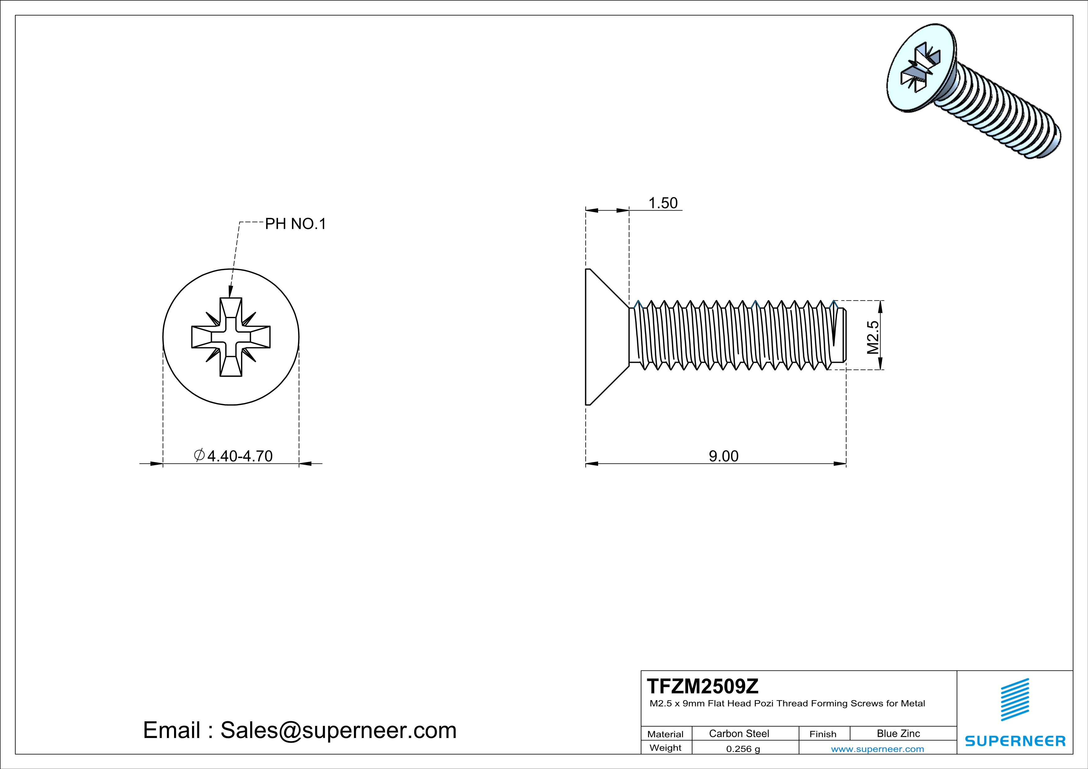 M2.5 × 9mm Flat Head Pozi Thread Forming Screws for Metal Steel Blue Zinc Plated