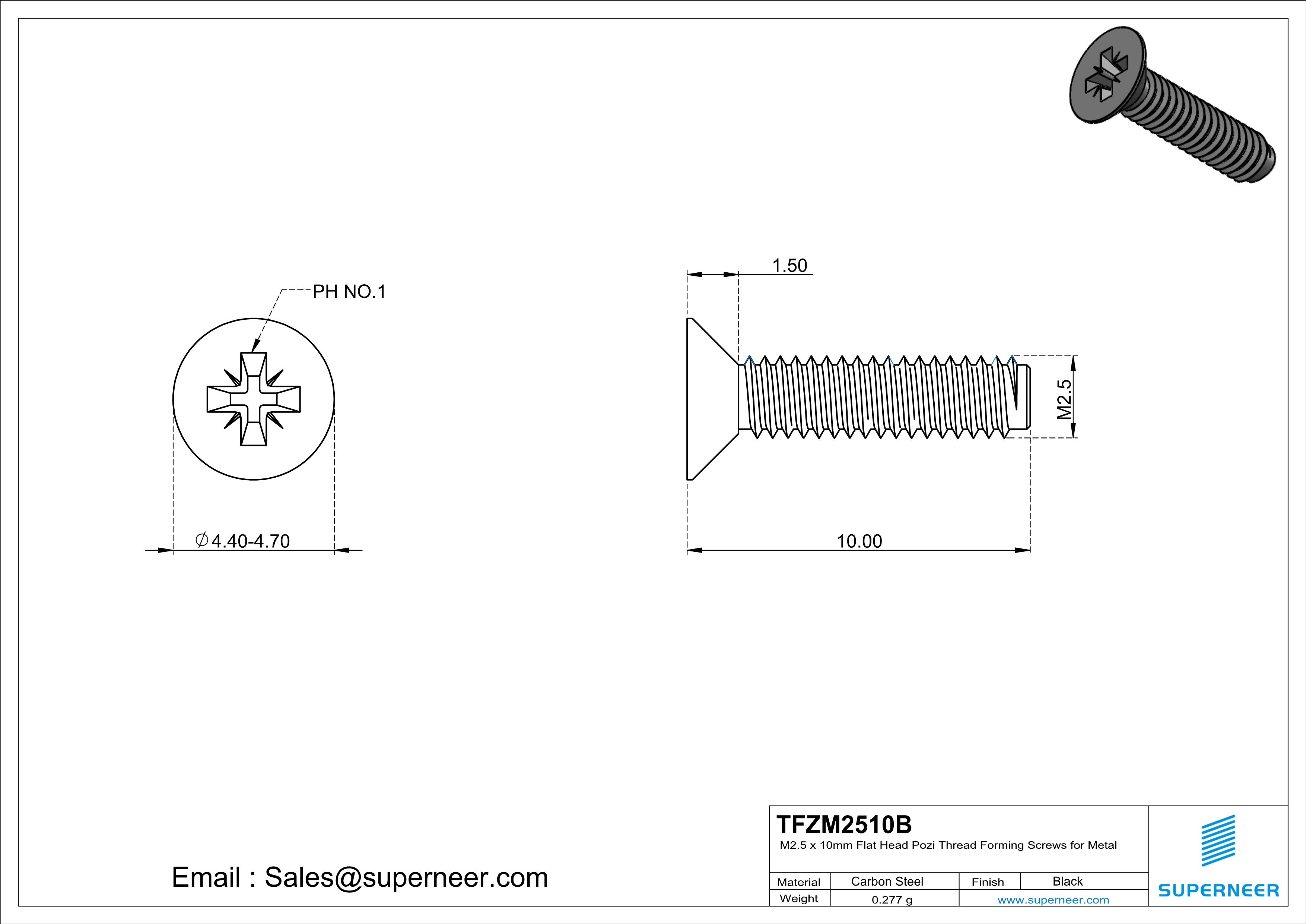 M2.5 × 10mm Flat Head Pozi Thread Forming Screws for Metal Steel Black