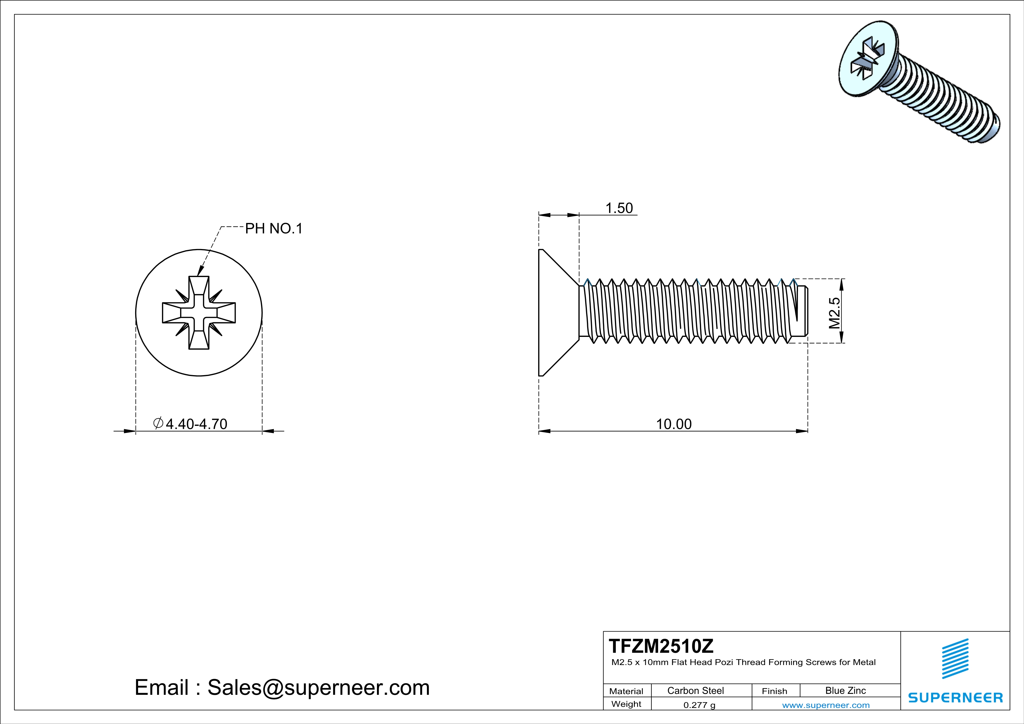 M2.5 × 10mm Flat Head Pozi Thread Forming Screws for Metal Steel Blue Zinc Plated