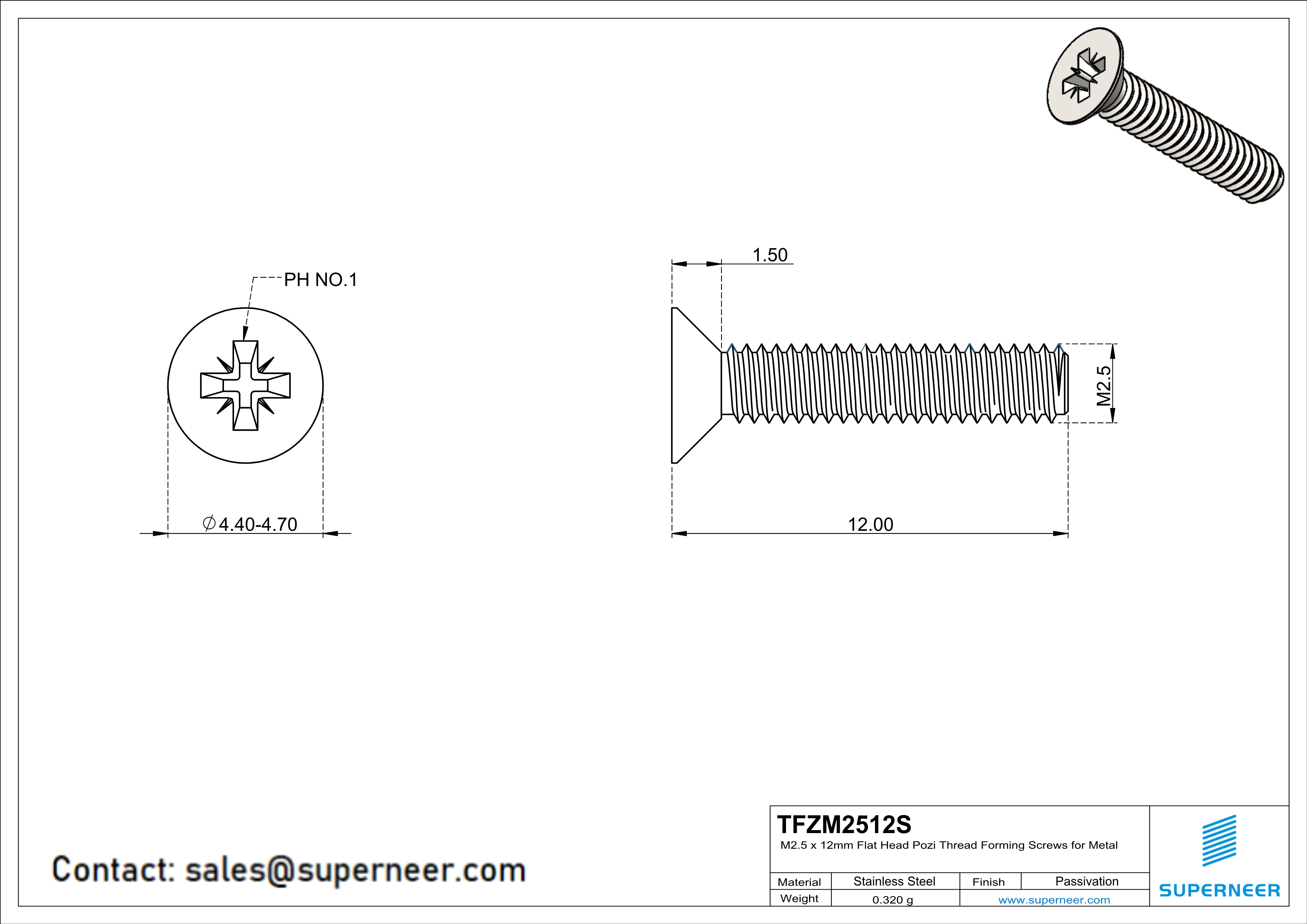 M2.5 × 12mm Flat Head Pozi Thread Forming Screws for Metal SUS304 Stainless Steel Inox