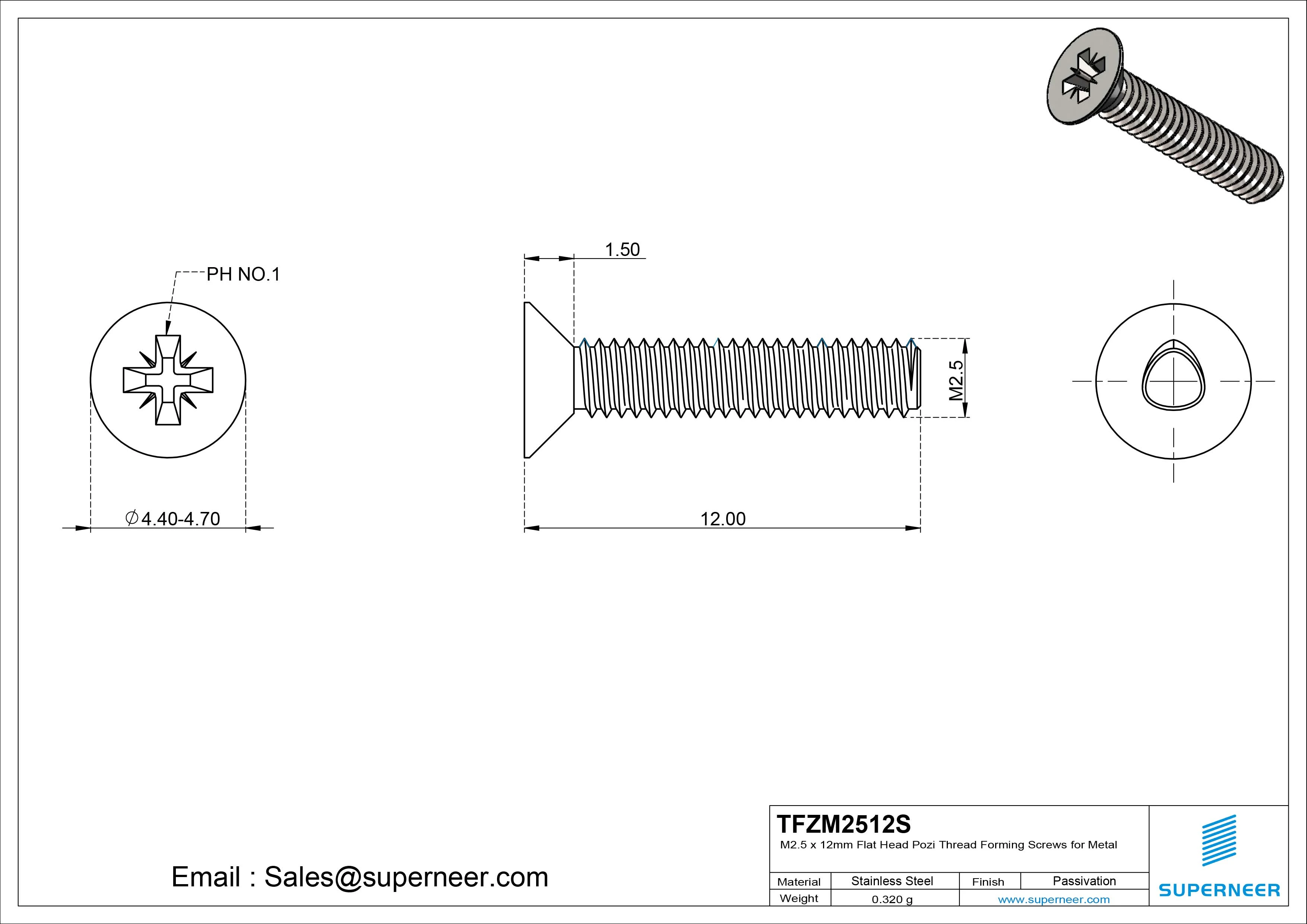 M2.5 × 12mm Flat Head Pozi Thread Forming Screws for Metal SUS304 Stainless Steel Inox