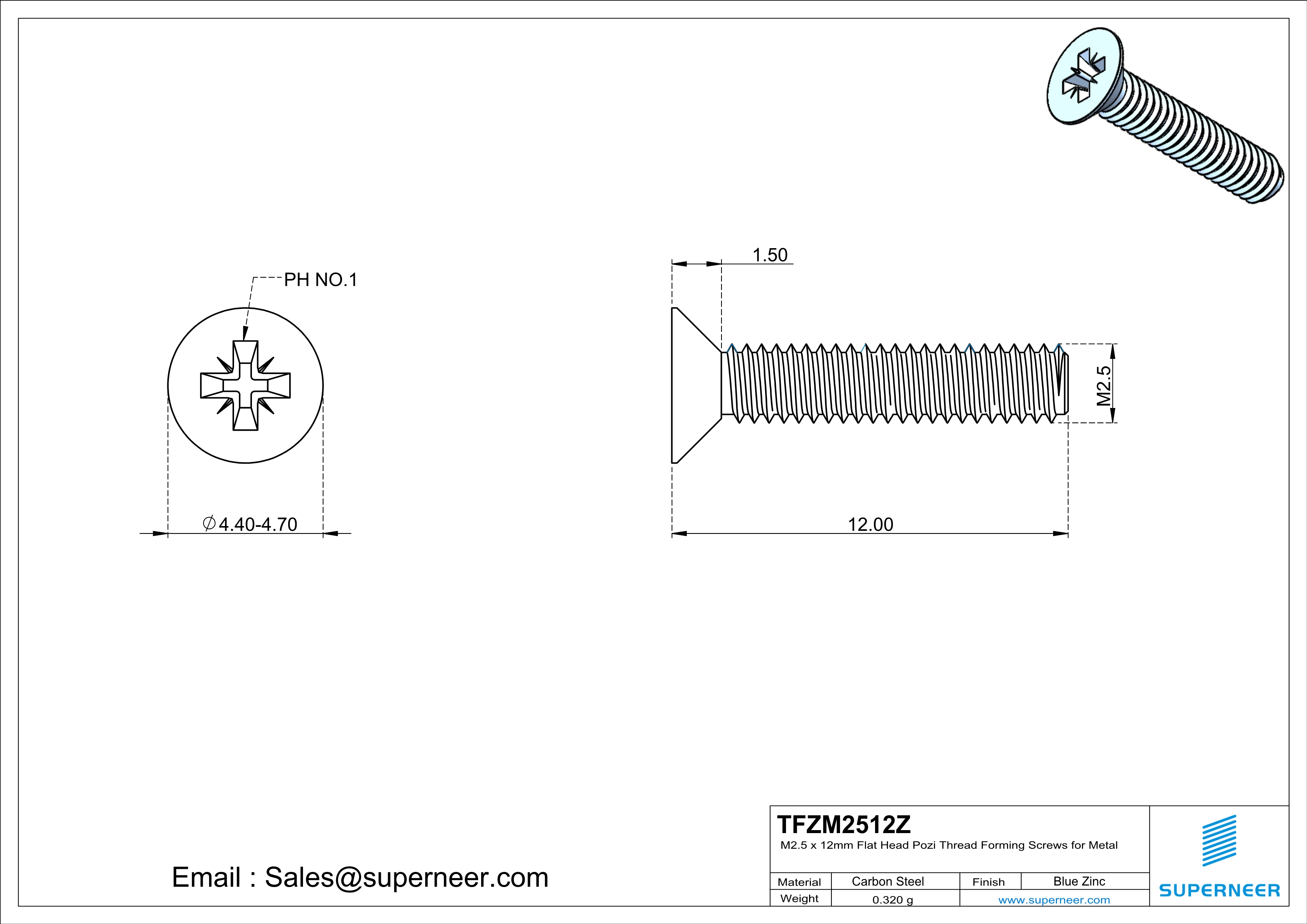 M2.5 × 12mm Flat Head Pozi Thread Forming Screws for Metal Steel Blue Zinc Plated