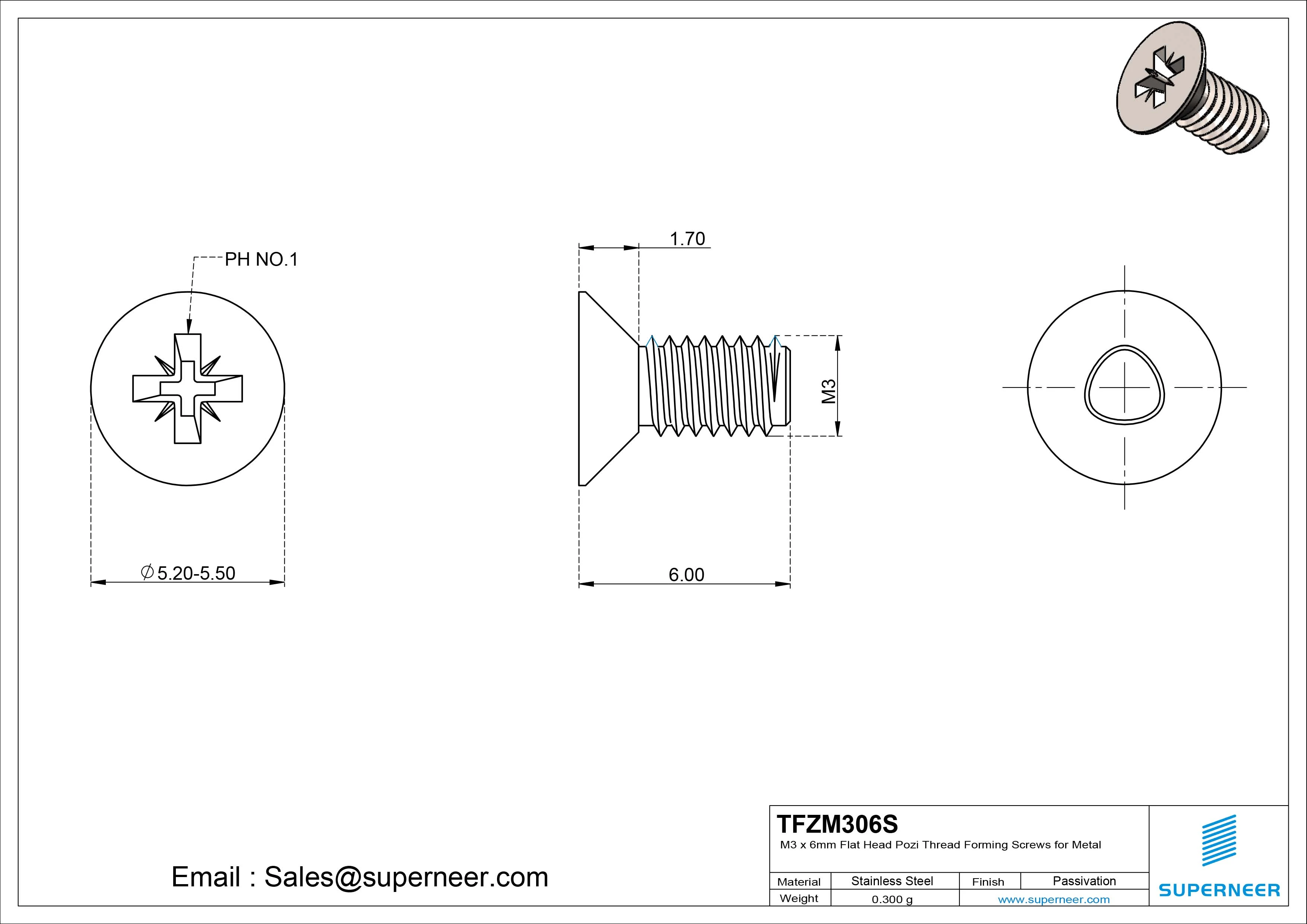 M3 × 6mm Flat Head Pozi Thread Forming Screws for Metal SUS304 Stainless Steel Inox