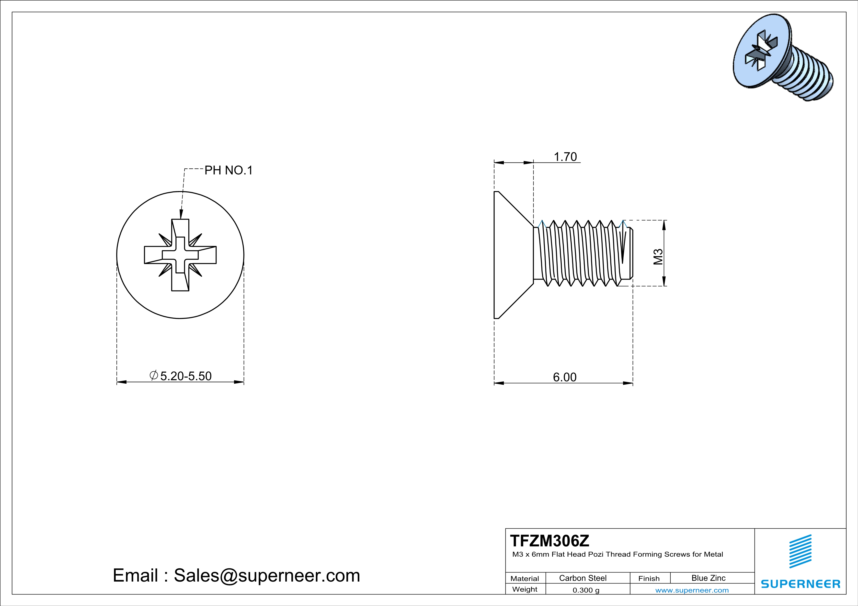 M3 × 6mm Flat Head Pozi Thread Forming Screws for Metal Steel Blue Zinc Plated