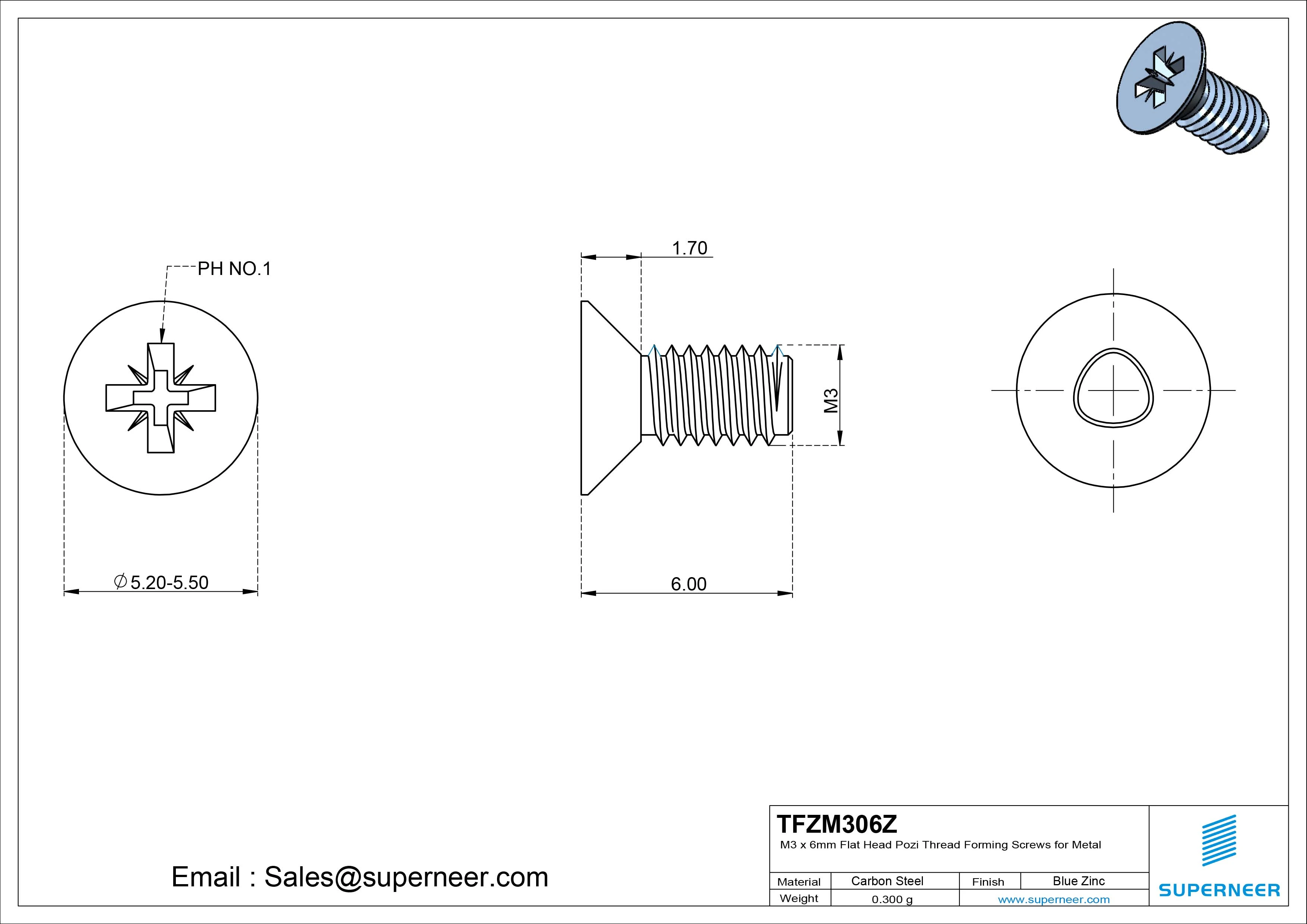 M3 × 6mm Flat Head Pozi Thread Forming Screws for Metal Steel Blue Zinc Plated